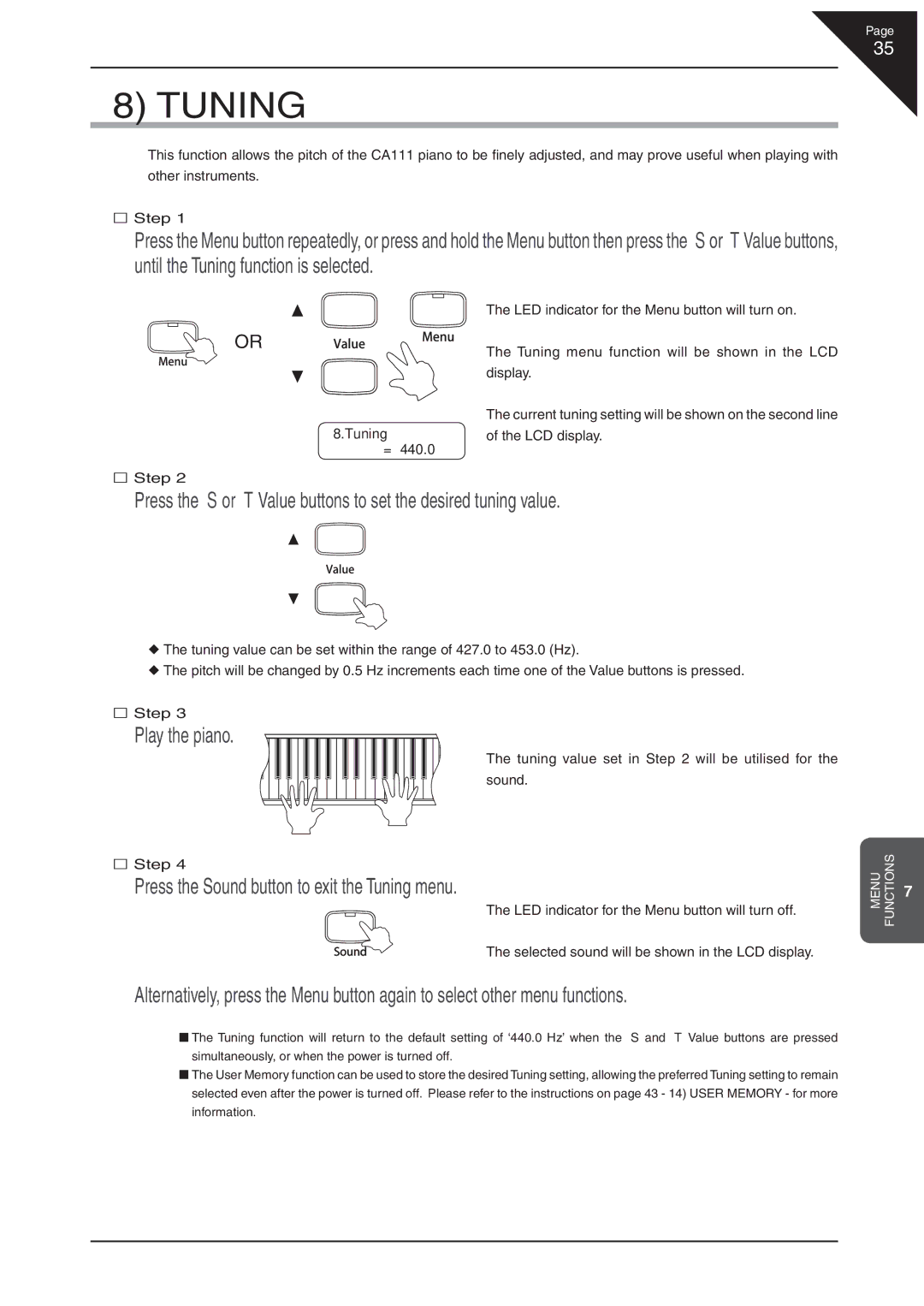 Kawai CA 111 manual Press the Sound button to exit the Tuning menu 