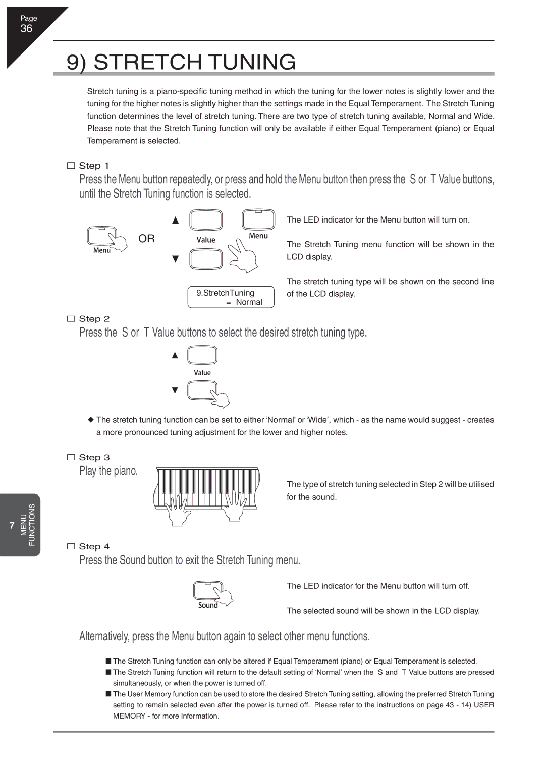 Kawai CA 111 manual Press the Sound button to exit the Stretch Tuning menu 