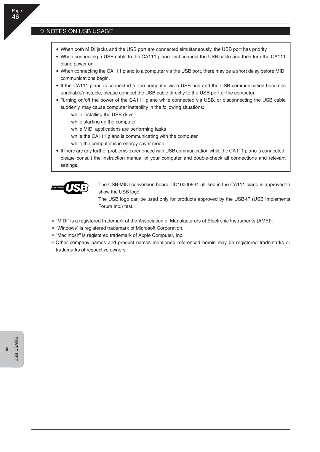 Kawai CA 111 manual ‘ Notes on USB Usage 