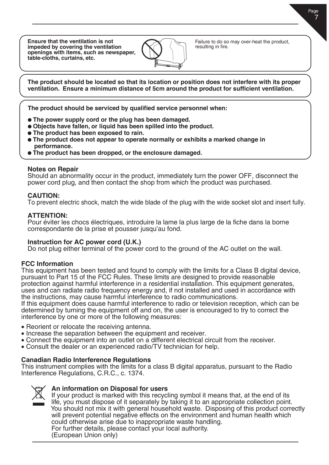 Kawai CA 111 manual Instruction for AC power cord U.K 