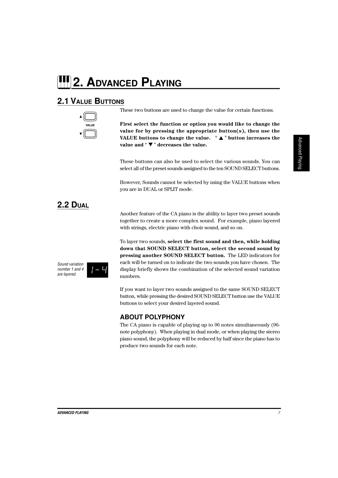 Kawai CA-X manual About Polyphony, Value Buttons 