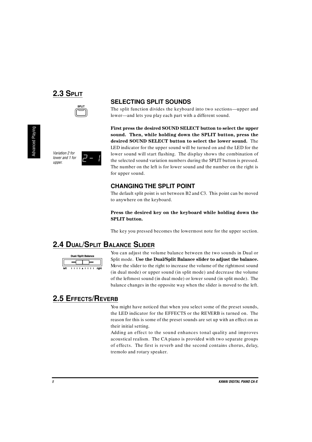 Kawai CA-X manual Selecting Split Sounds, Changing the Split Point, DUAL/SPLIT Balance Slider, Effects/Reverb 