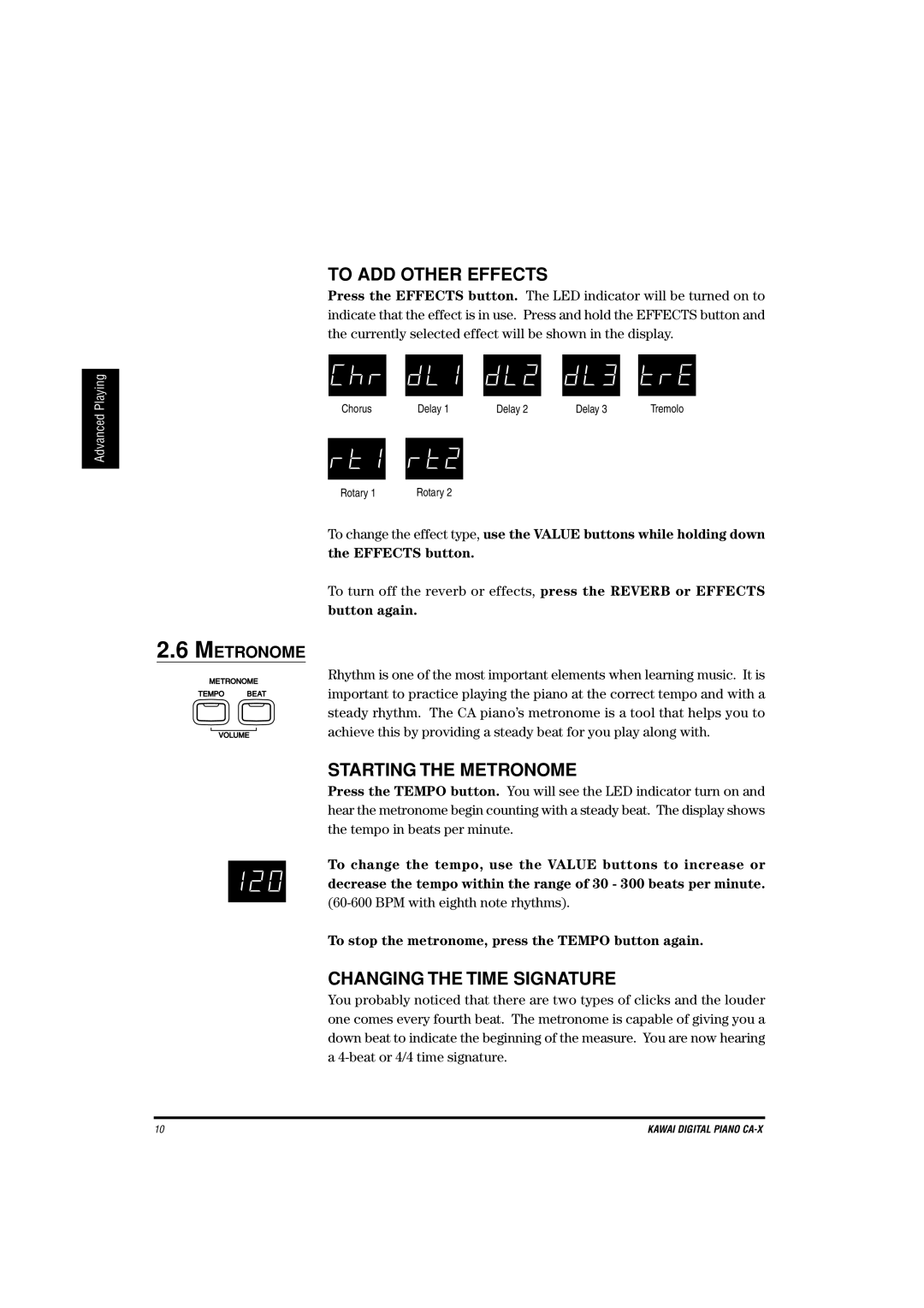 Kawai CA-X manual To ADD Other Effects, Starting the Metronome, Changing the Time Signature 