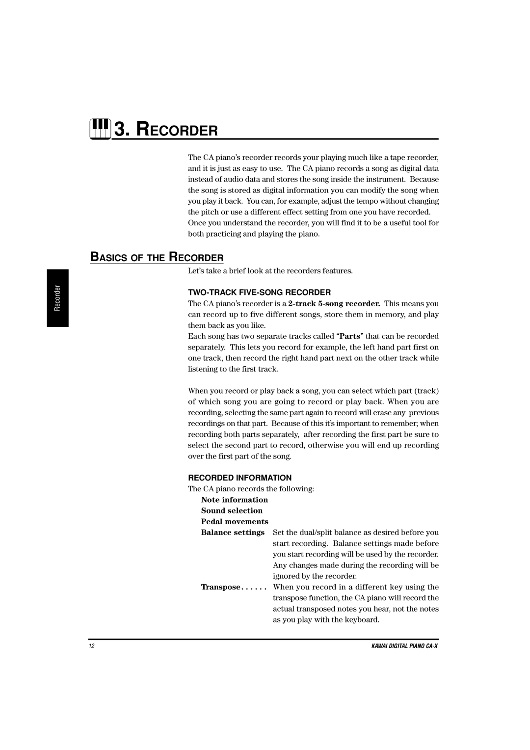 Kawai CA-X Basics of the Recorder, TWO-TRACK FIVE-SONG Recorder, Recorded Information, Sound selection Pedal movements 