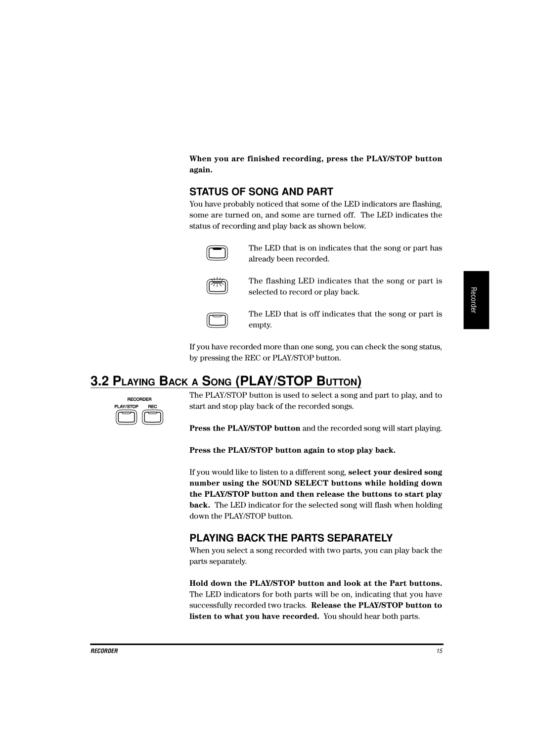 Kawai CA-X manual Status of Song and Part, Playing Back the Parts Separately, Playing Back a Song PLAY/STOP Button 