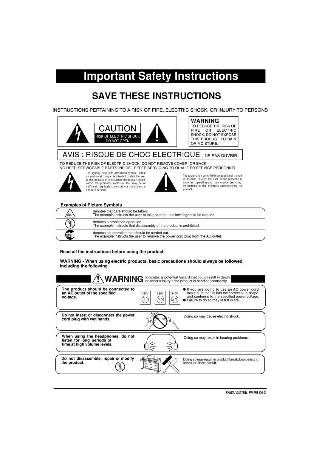 Kawai CA-X manual Important Safety Instructions 