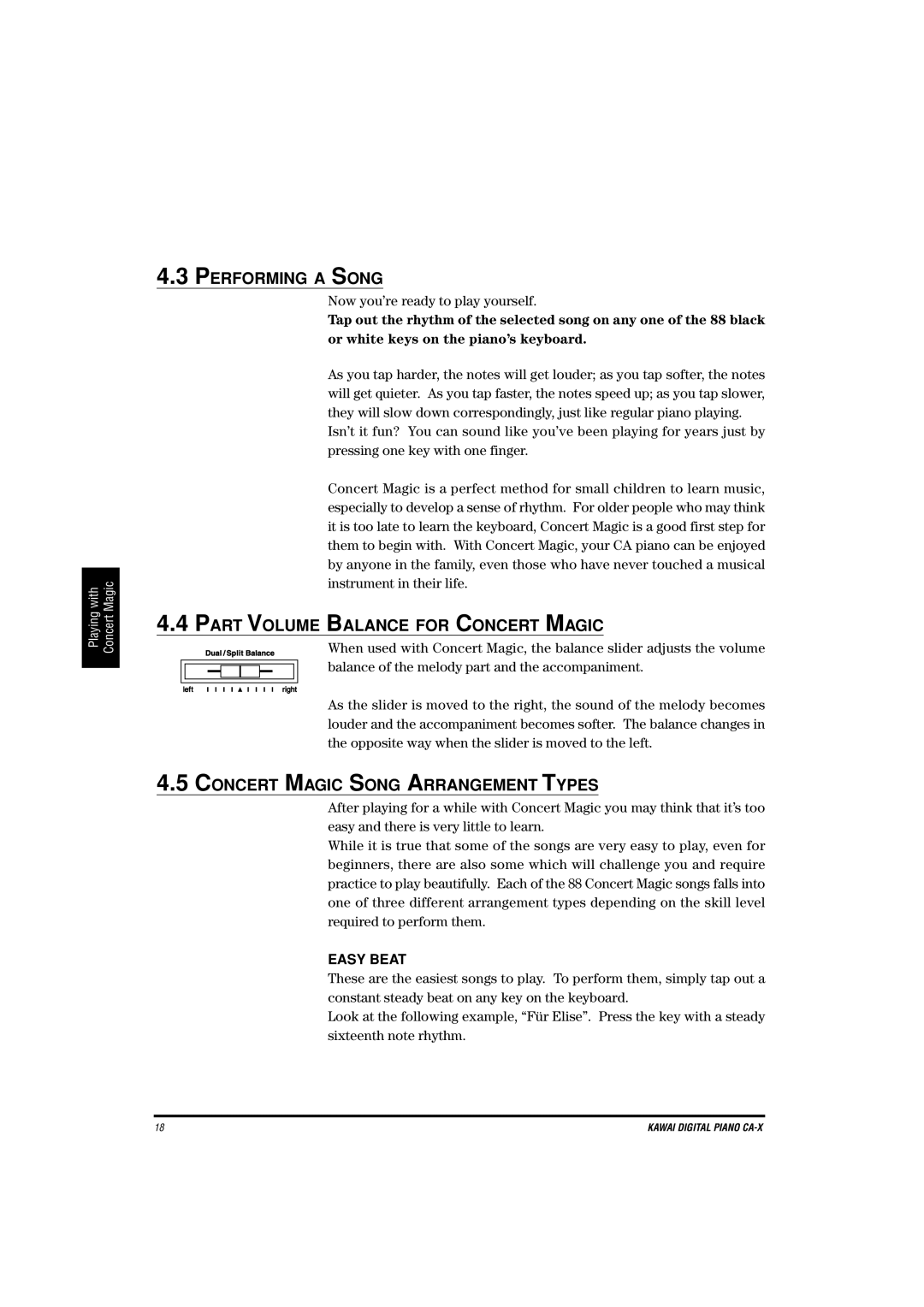 Kawai CA-X manual Performing a Song, Part Volume Balance for Concert Magic, Concert Magic Song Arrangement Types, Easy Beat 