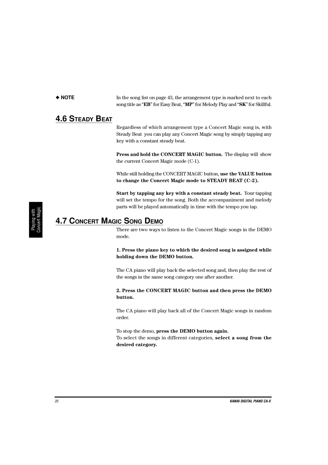 Kawai CA-X manual Steady Beat, Concert Magic Song Demo, To stop the demo, press the Demo button again, Desired category 