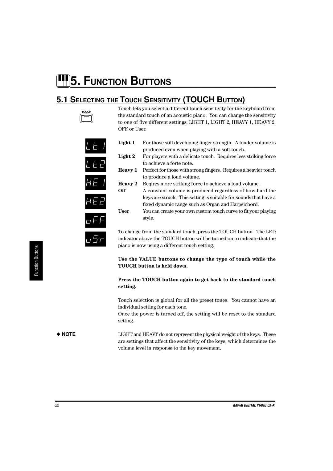 Kawai CA-X manual Selecting the Touch Sensitivity Touch Button 