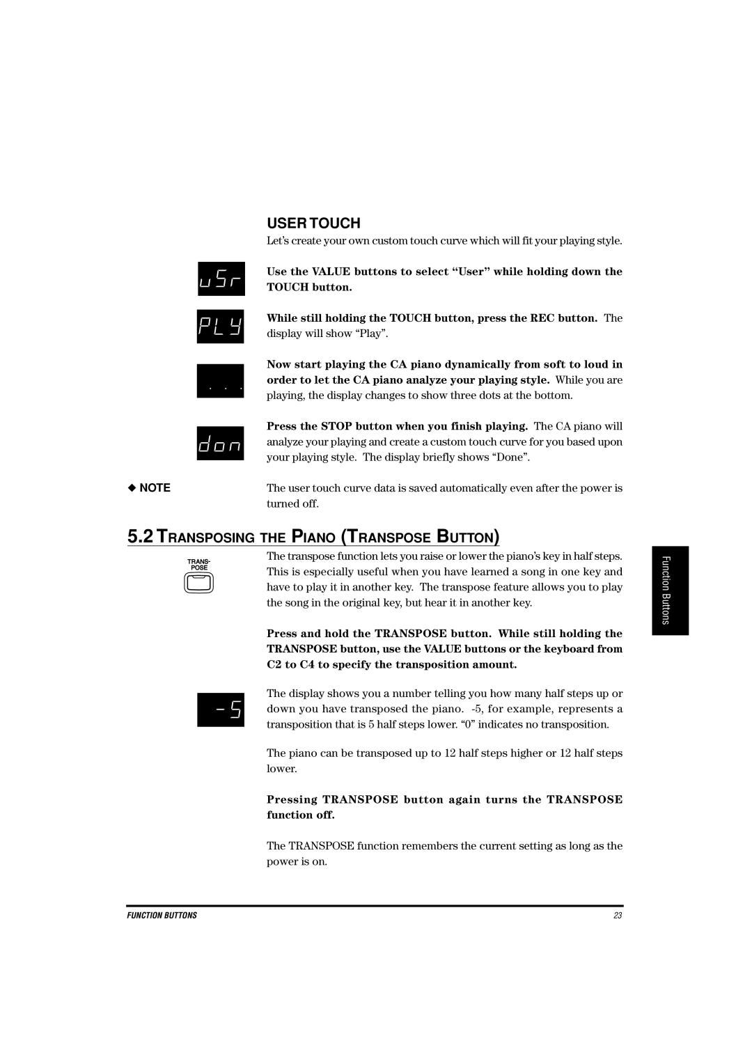 Kawai CA-X manual User Touch, Transposing the Piano Transpose Button 