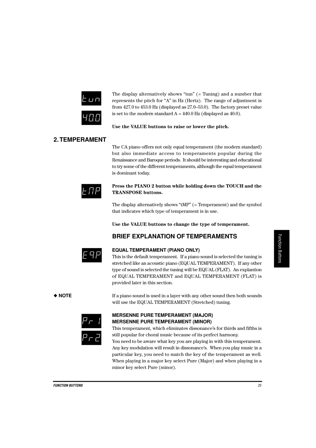 Kawai CA-X manual Brief Explanation of Temperaments, Equal Temperament Piano only, Mersenne Pure Temperament Major 