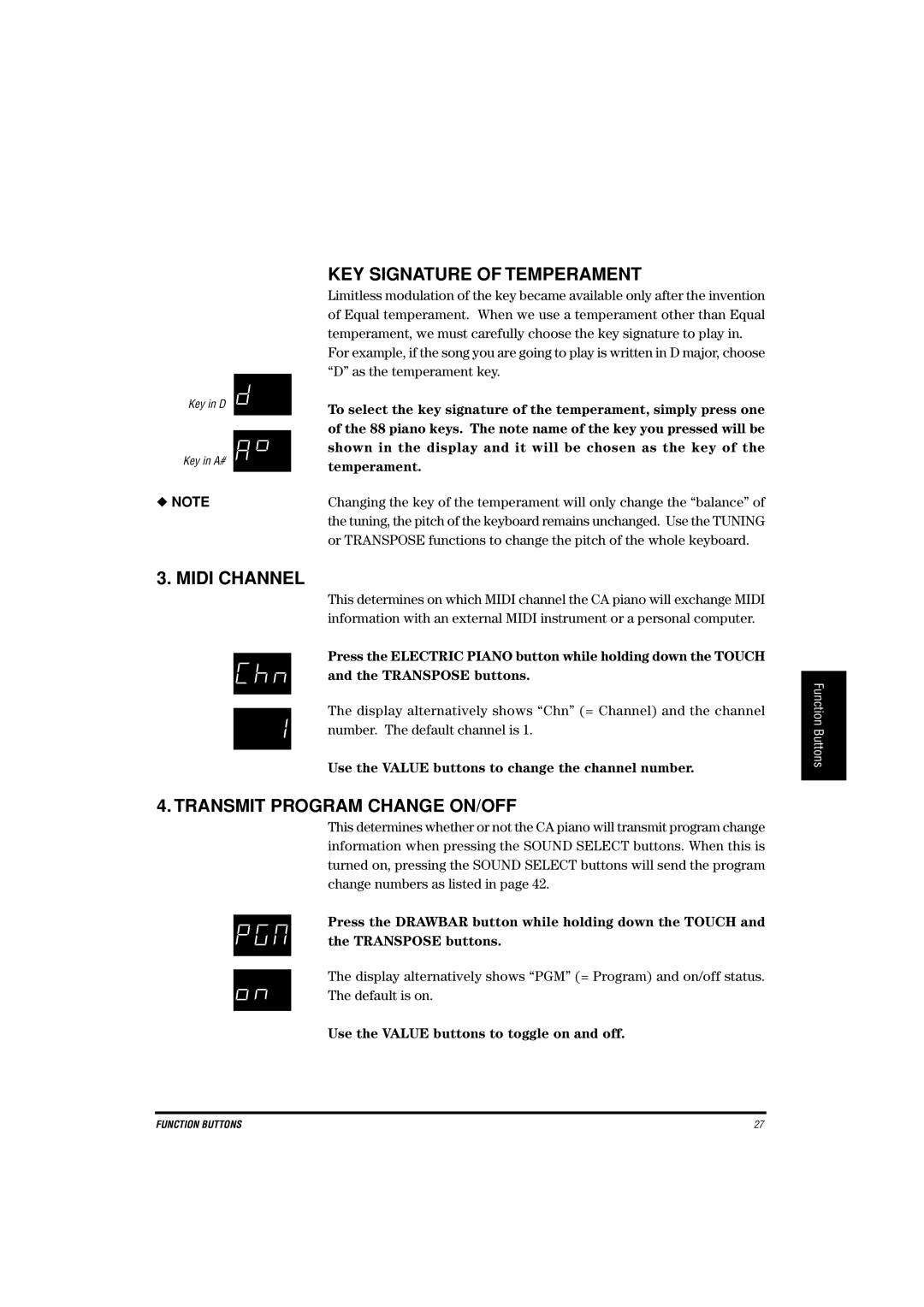 Kawai CA-X manual KEY Signature of Temperament, Midi Channel, Transmit Program Change ON/OFF 