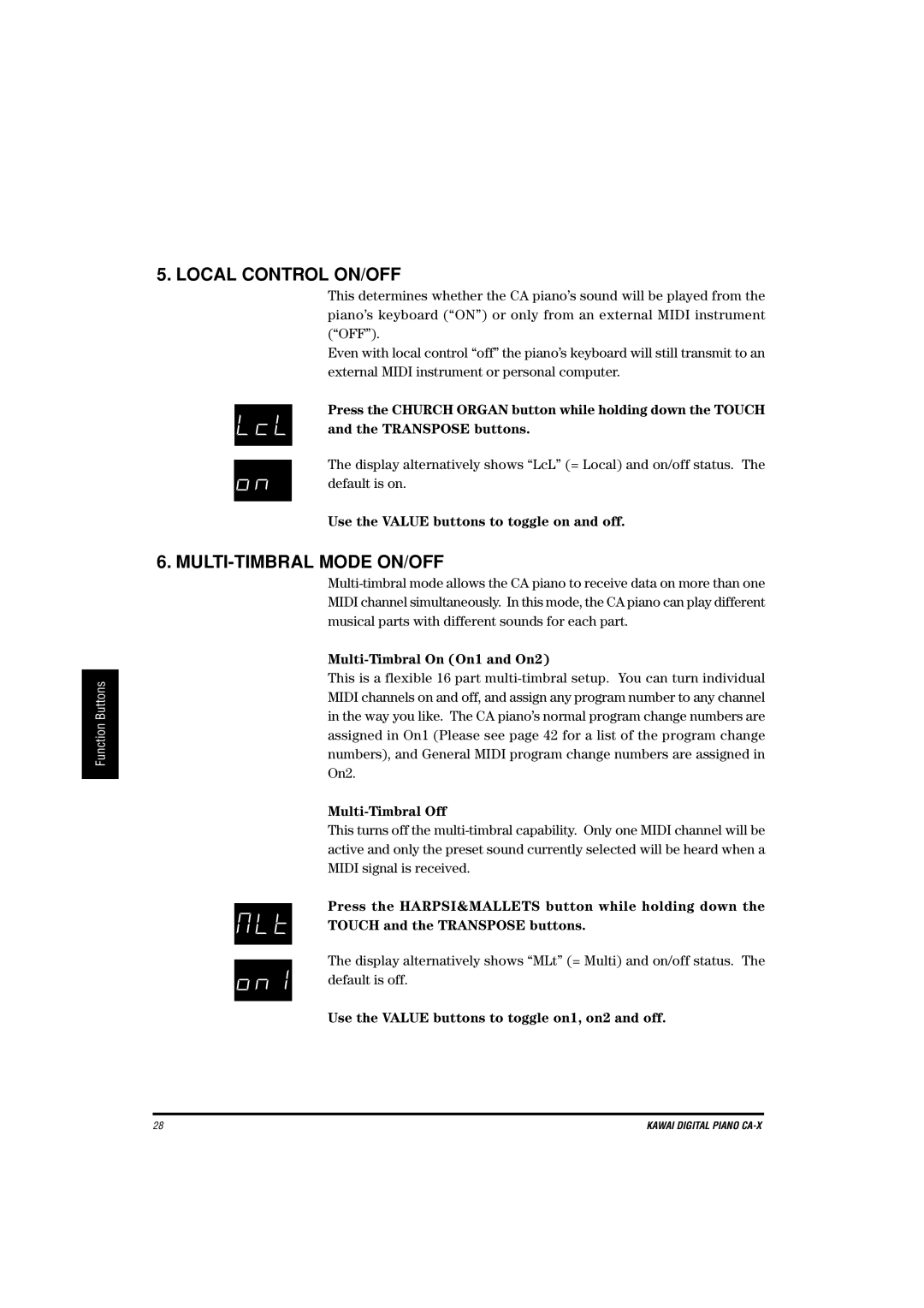 Kawai CA-X manual Local Control ON/OFF, MULTI-TIMBRAL Mode ON/OFF, Multi-Timbral On On1 and On2, Multi-Timbral Off 