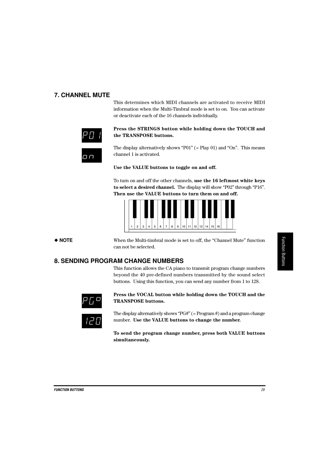 Kawai CA-X manual Channel Mute, Sending Program Change Numbers, Then use the Value buttons to turn them on and off 