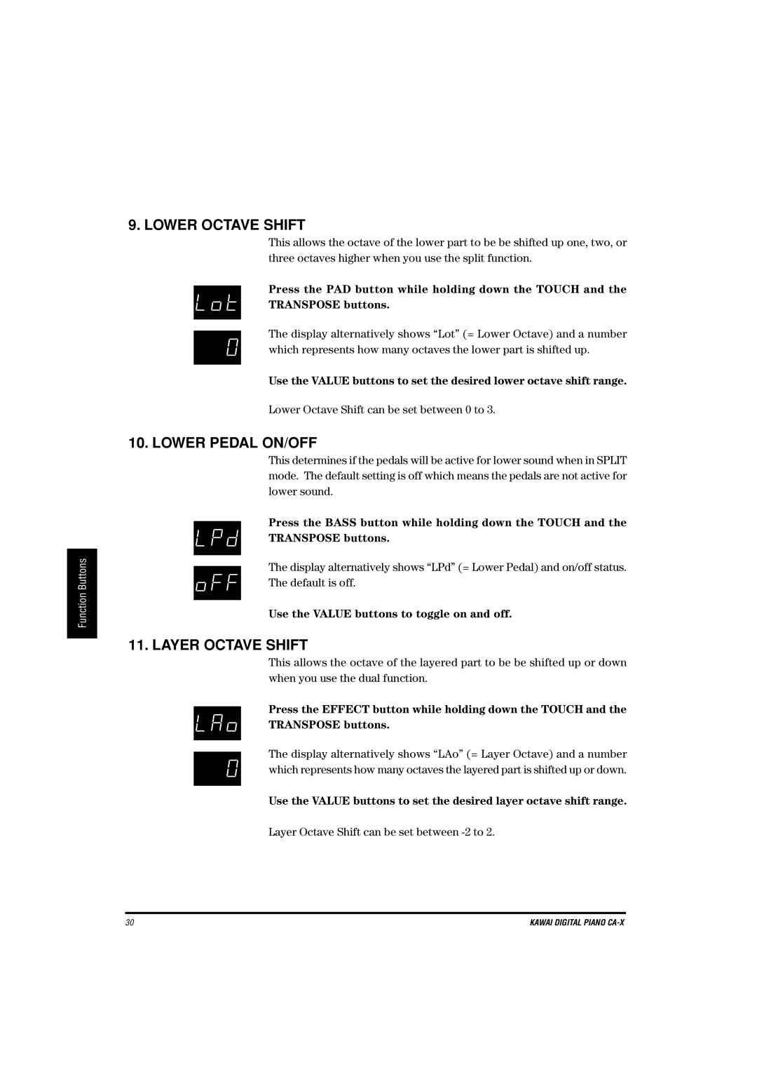Kawai CA-X manual Lower Octave Shift, Lower Pedal ON/OFF, Layer Octave Shift 