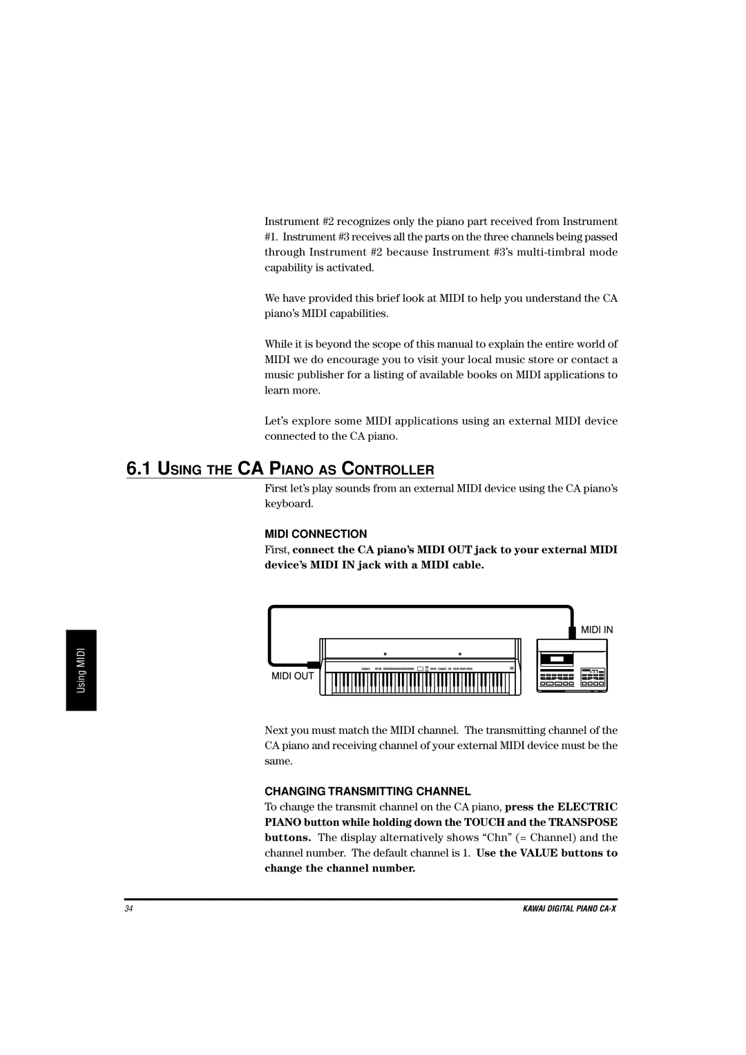 Kawai CA-X Using the CA Piano AS Controller, Midi Connection, Changing Transmitting Channel, Change the channel number 