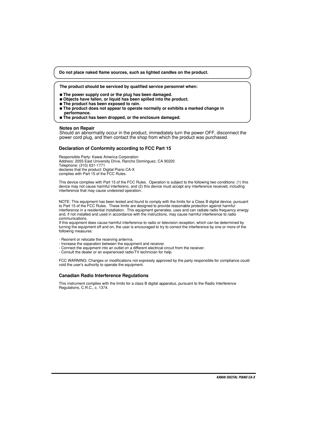 Kawai CA-X manual Declaration of Conformity according to FCC Part 