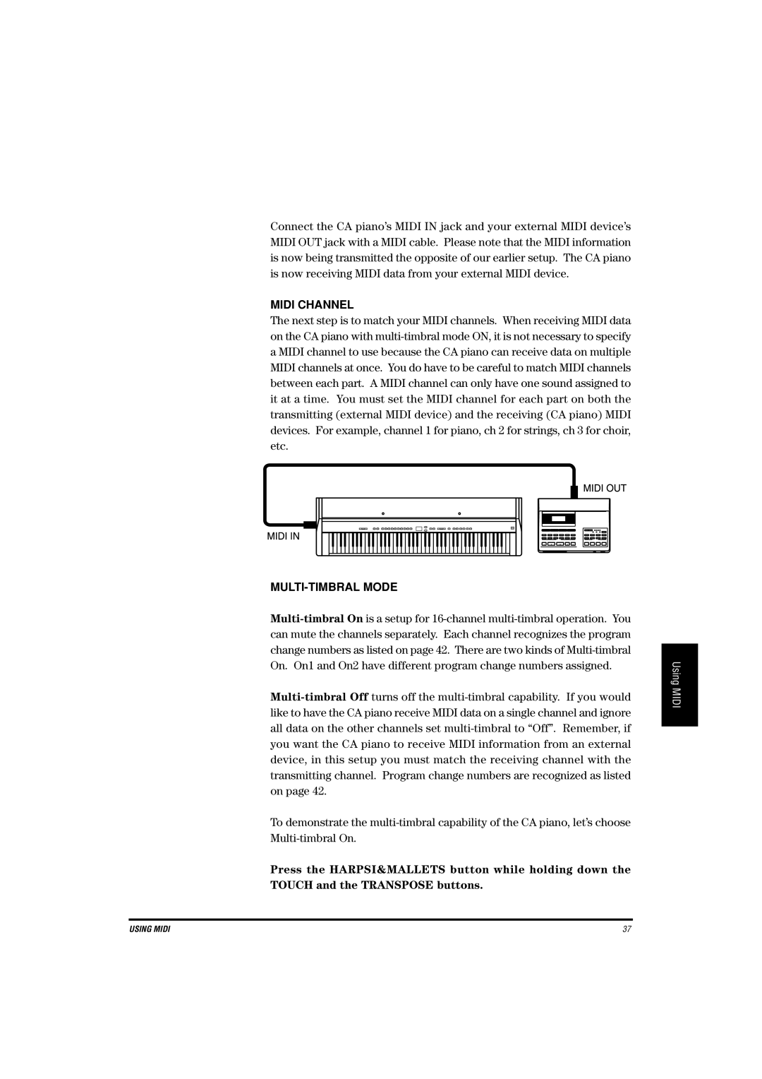Kawai CA-X manual Midi Channel, MULTI-TIMBRAL Mode 
