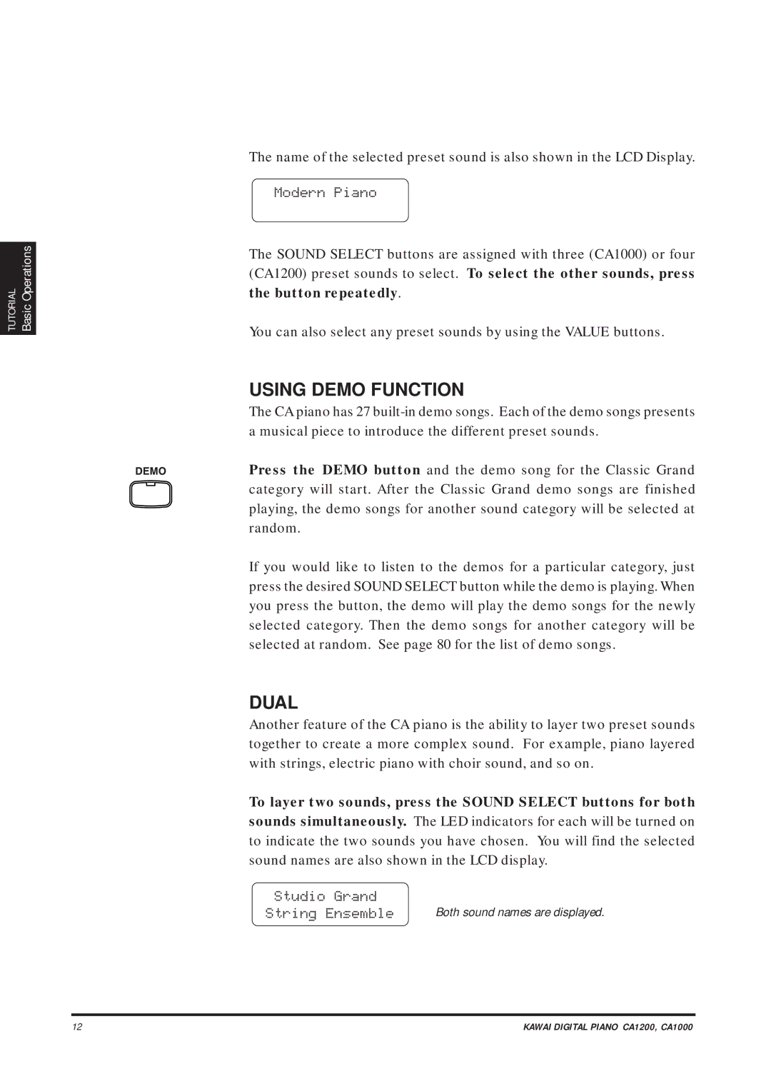 Kawai CA1000, CA1200 manual Using Demo Function, Dual, Modern Piano, Studio Grand, String Ensemble 