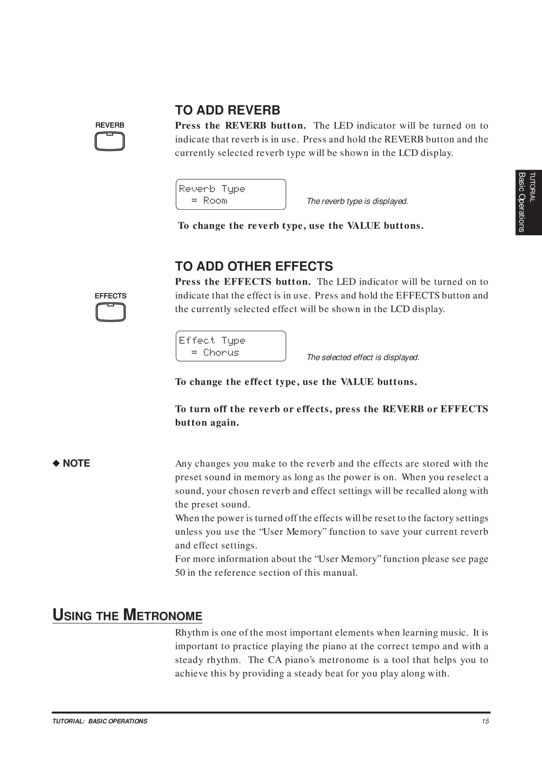 Kawai CA1200, CA1000 manual To ADD Reverb, To ADD Other Effects, Using the Metronome, = Room 