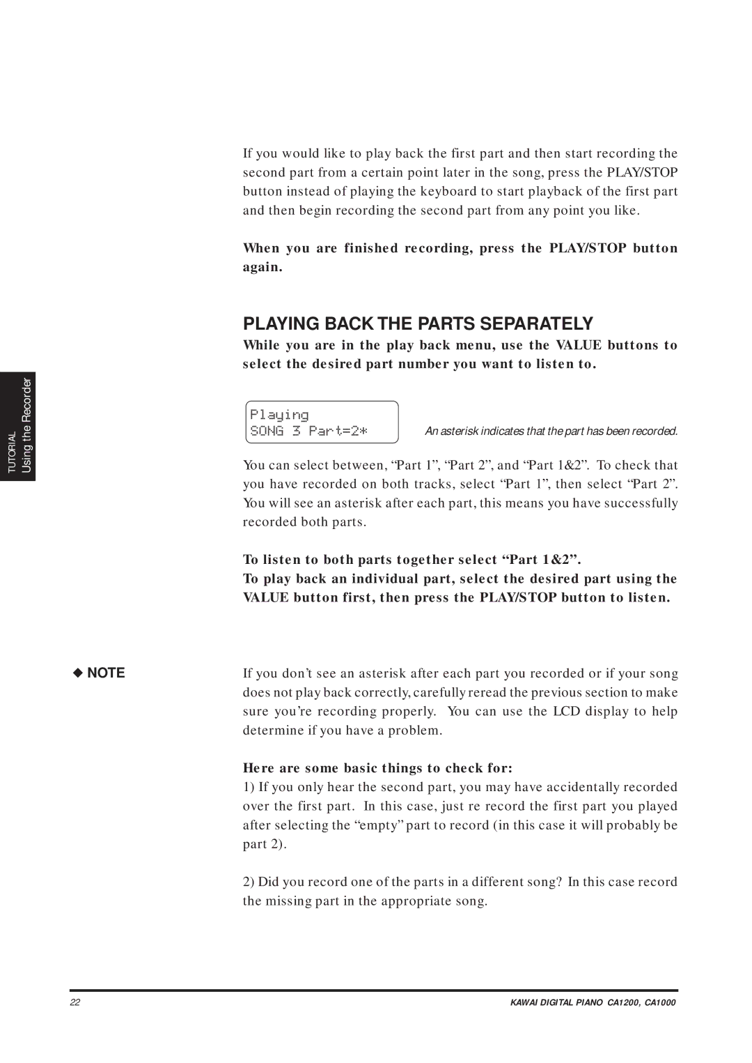 Kawai CA1000, CA1200 manual Playing Back the Parts Separately, Song 3 Part=2, Determine if you have a problem 