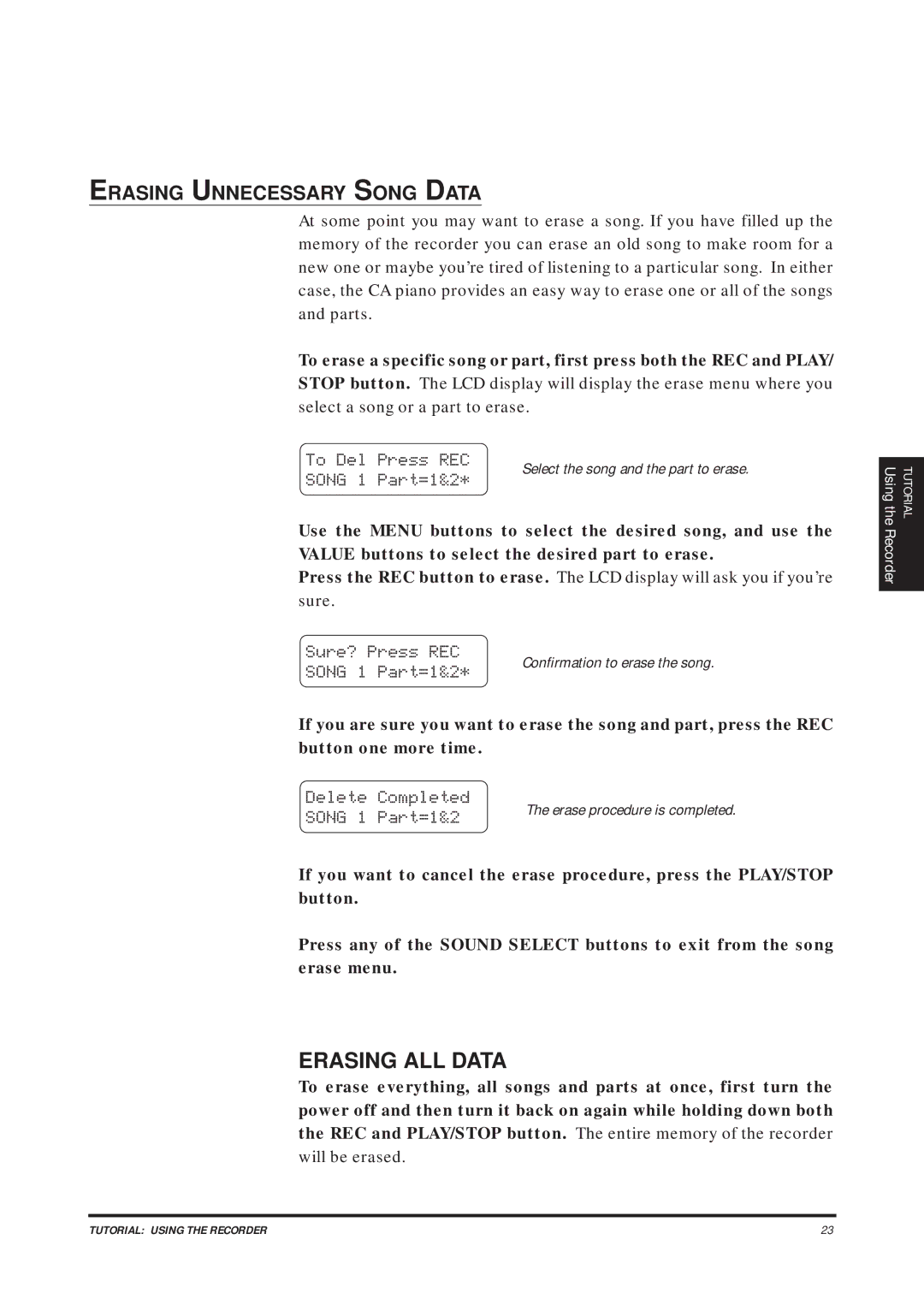 Kawai CA1200, CA1000 manual Erasing ALL Data, Erasing Unnecessary Song Data, Song 1 Part=1&2 