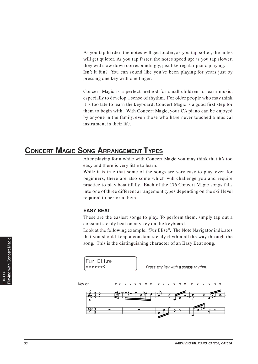 Kawai CA1000, CA1200 manual Concert Magic Song Arrangement Types, Fur Elise ¥¥¥¥¥¥, Easy Beat 