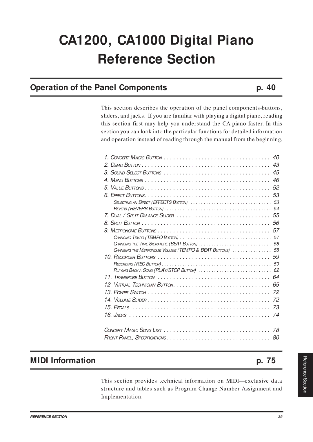 Kawai manual CA1200, CA1000 Digital Piano Reference Section 