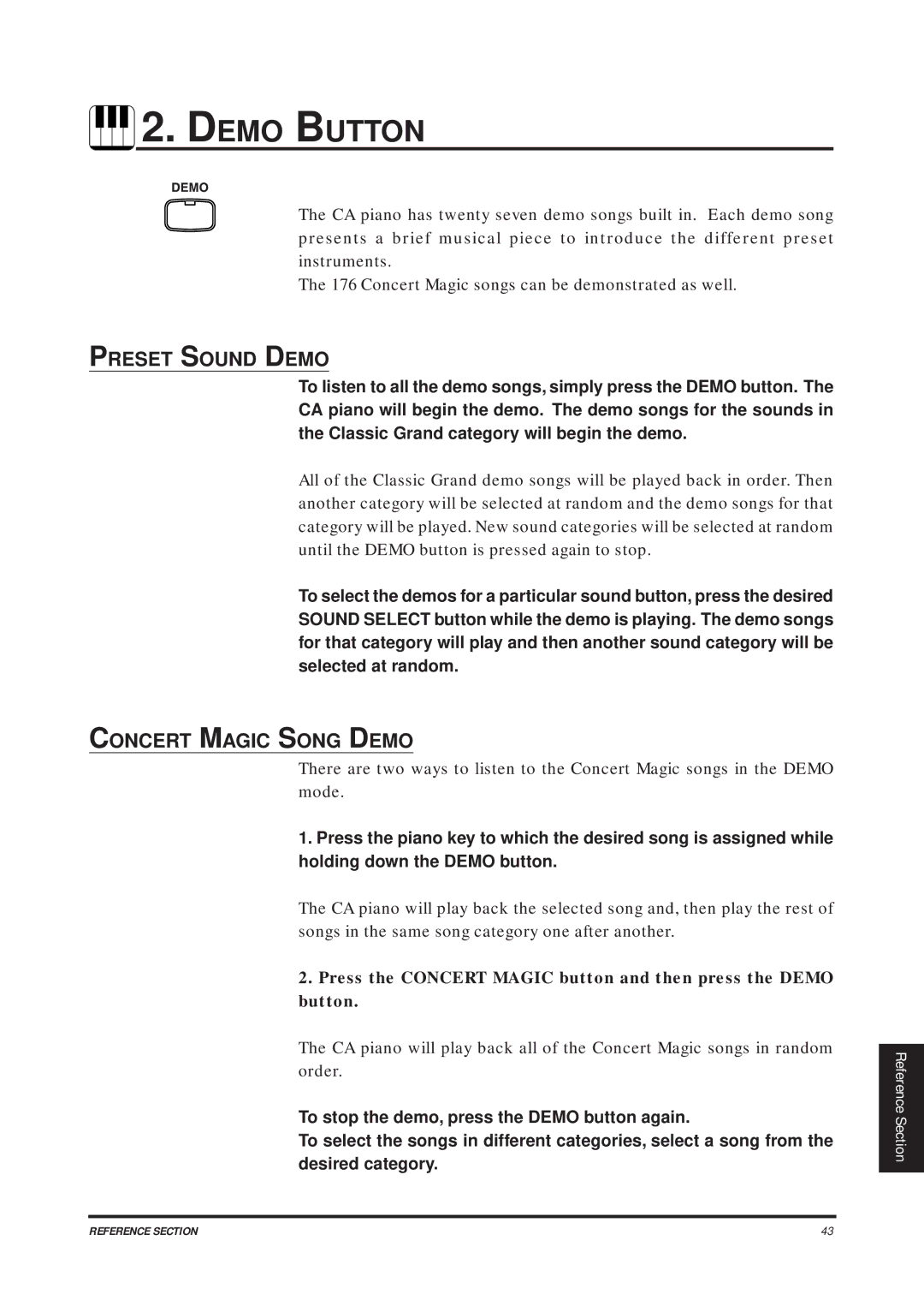 Kawai CA1200, CA1000 manual Demo Button, Preset Sound Demo, Concert Magic Song Demo 