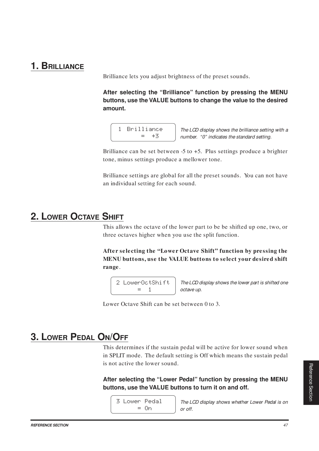 Kawai CA1200, CA1000 manual Brilliance, Lower Octave Shift, Lower Pedal ON/OFF, = +3 