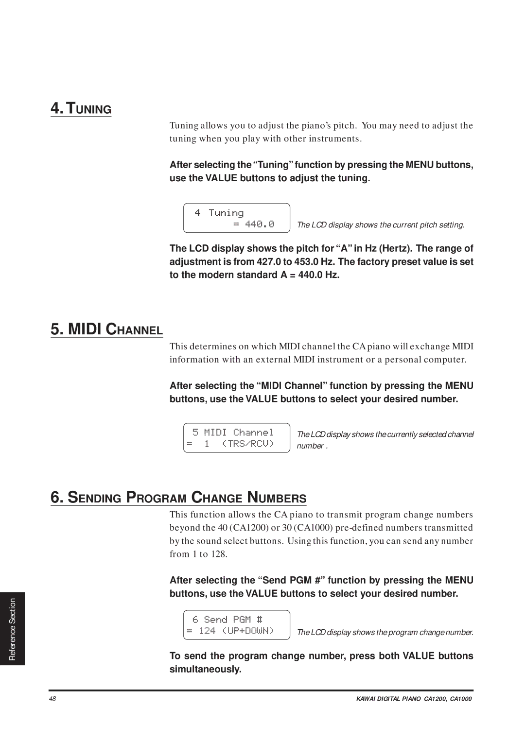 Kawai CA1000, CA1200 manual Tuning, Sending Program Change Numbers, Midi Channel, = 124 UP+DOWN 