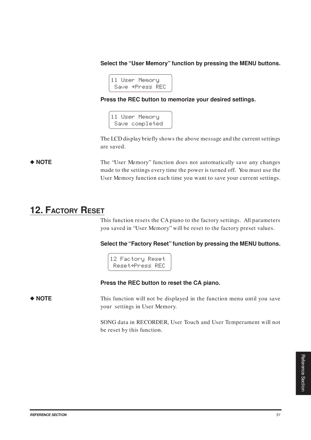 Kawai CA1200, CA1000 manual Factory Reset 