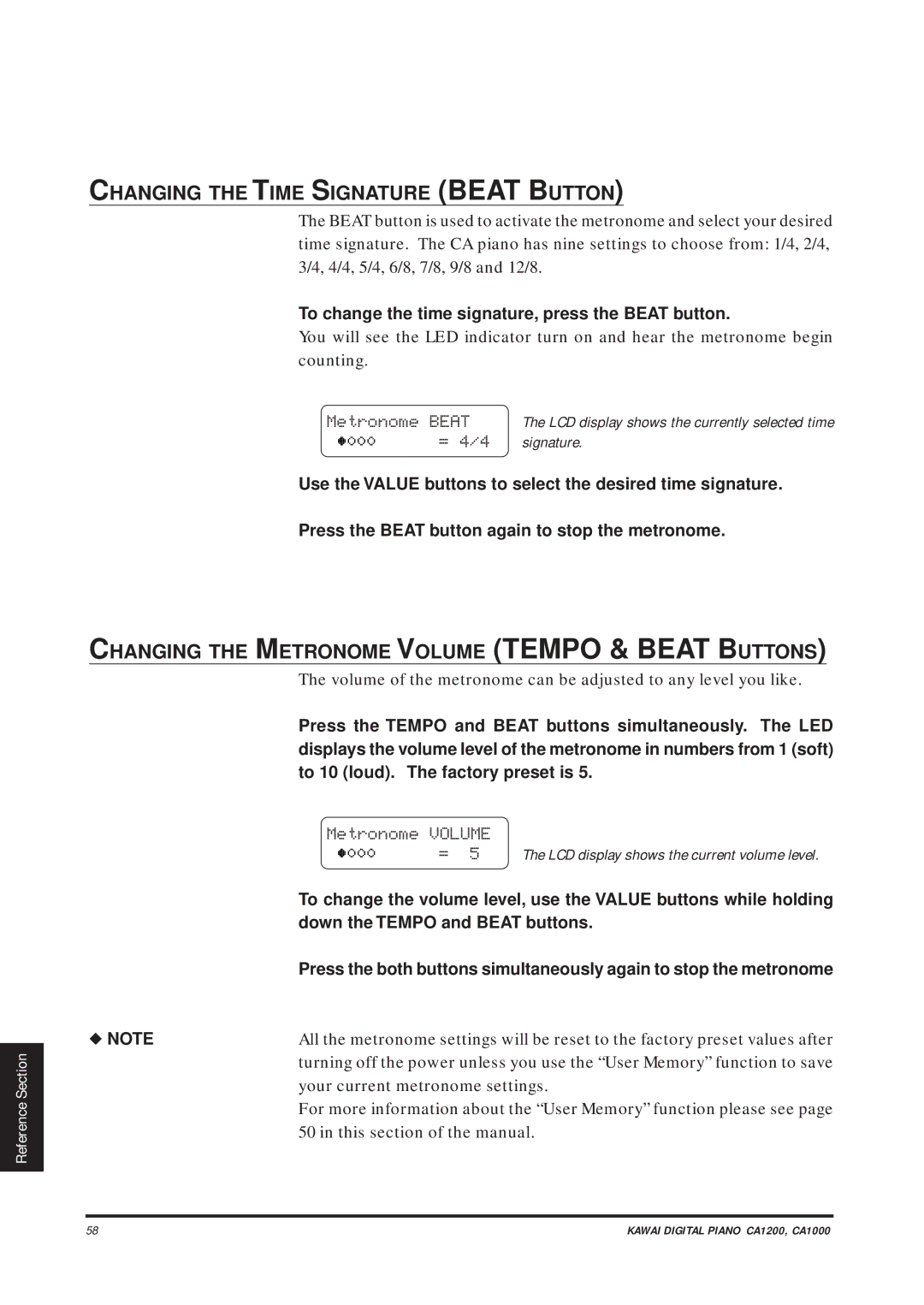 Kawai CA1000, CA1200 manual Changing the Time Signature Beat Button, Changing the Metronome Volume Tempo & Beat Buttons 