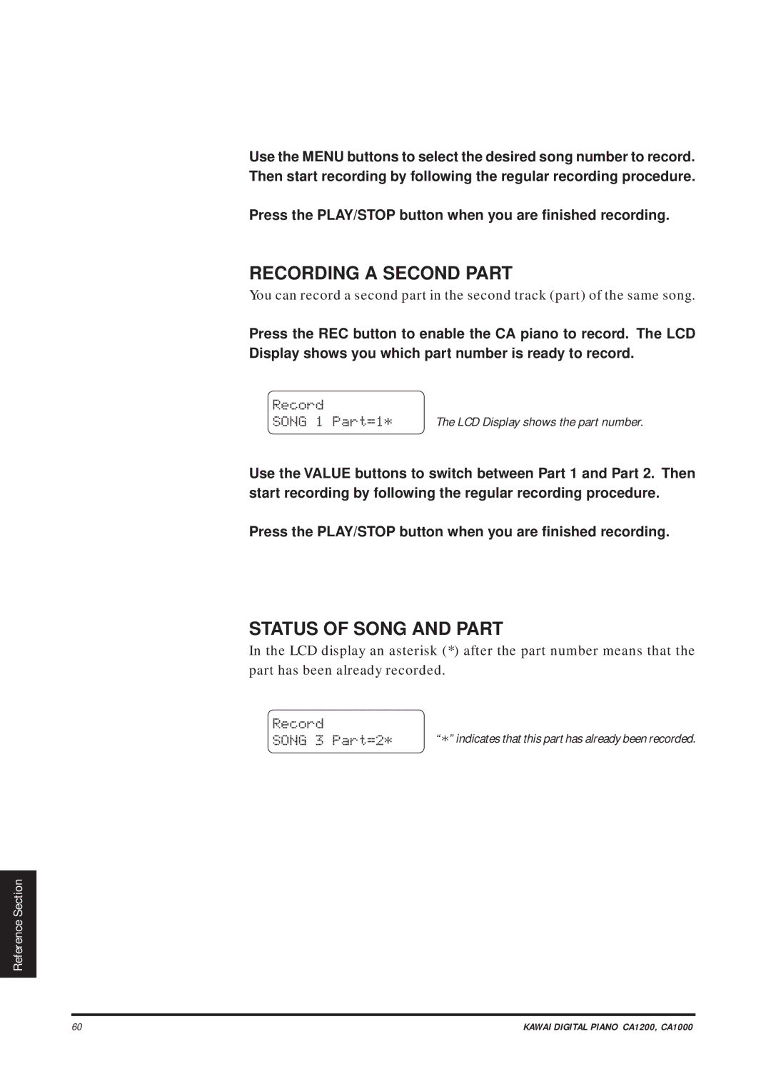 Kawai CA1000, CA1200 manual Recording a Second Part, Status of Song and Part, Record Song 1 Part=1, Record Song 3 Part=2 