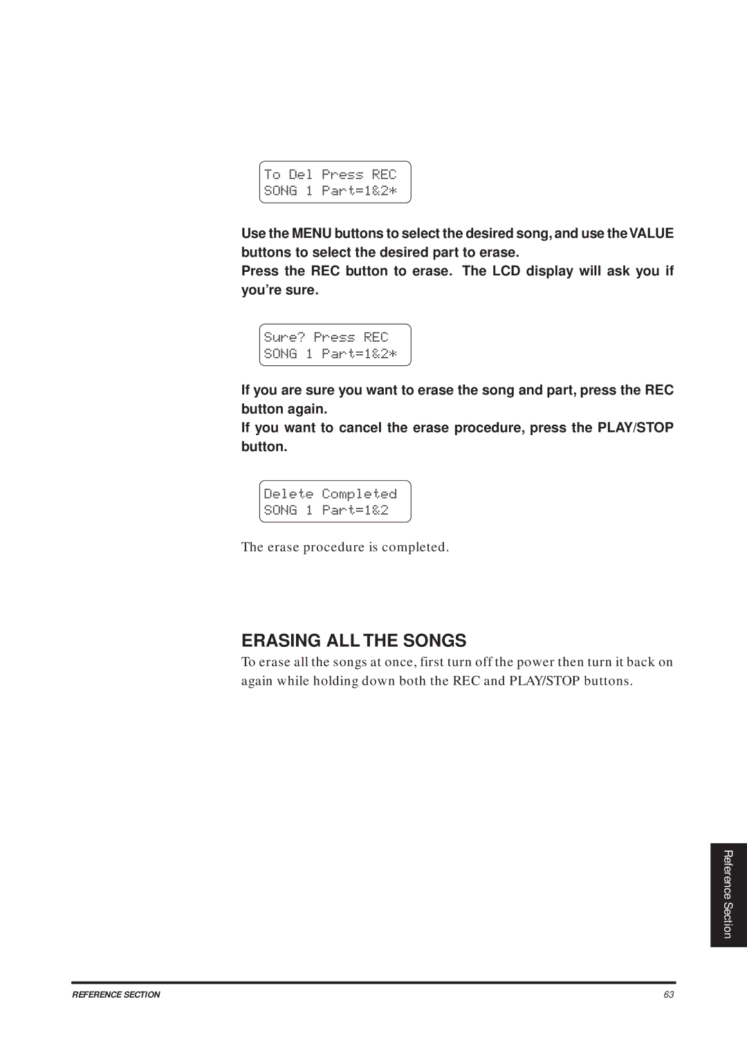 Kawai CA1200, CA1000 manual Erasing ALL the Songs, To Del Press REC Song 1 Part=1&2, Sure? Press REC Song 1 Part=1&2 