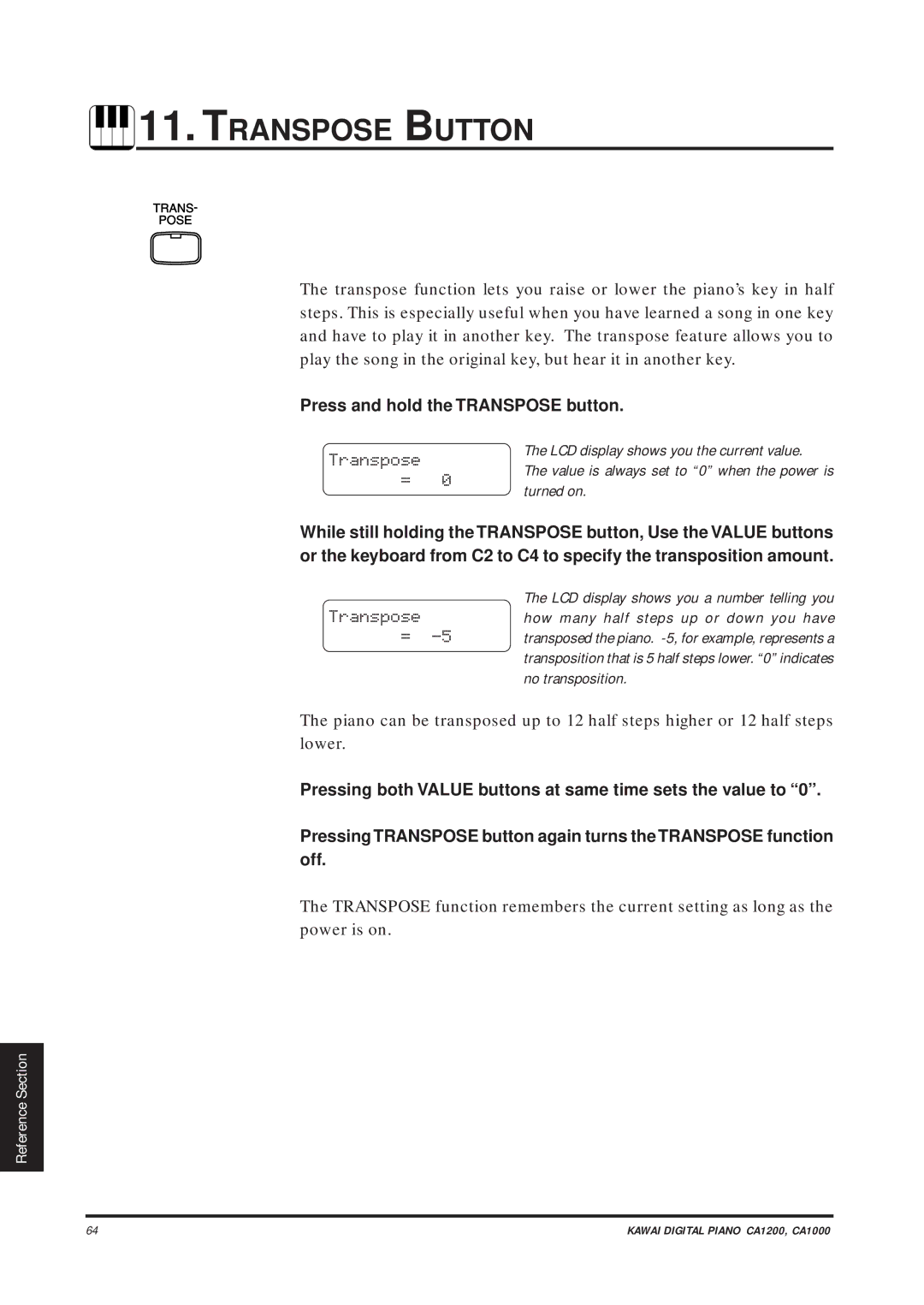 Kawai CA1000, CA1200 manual Transpose Button 