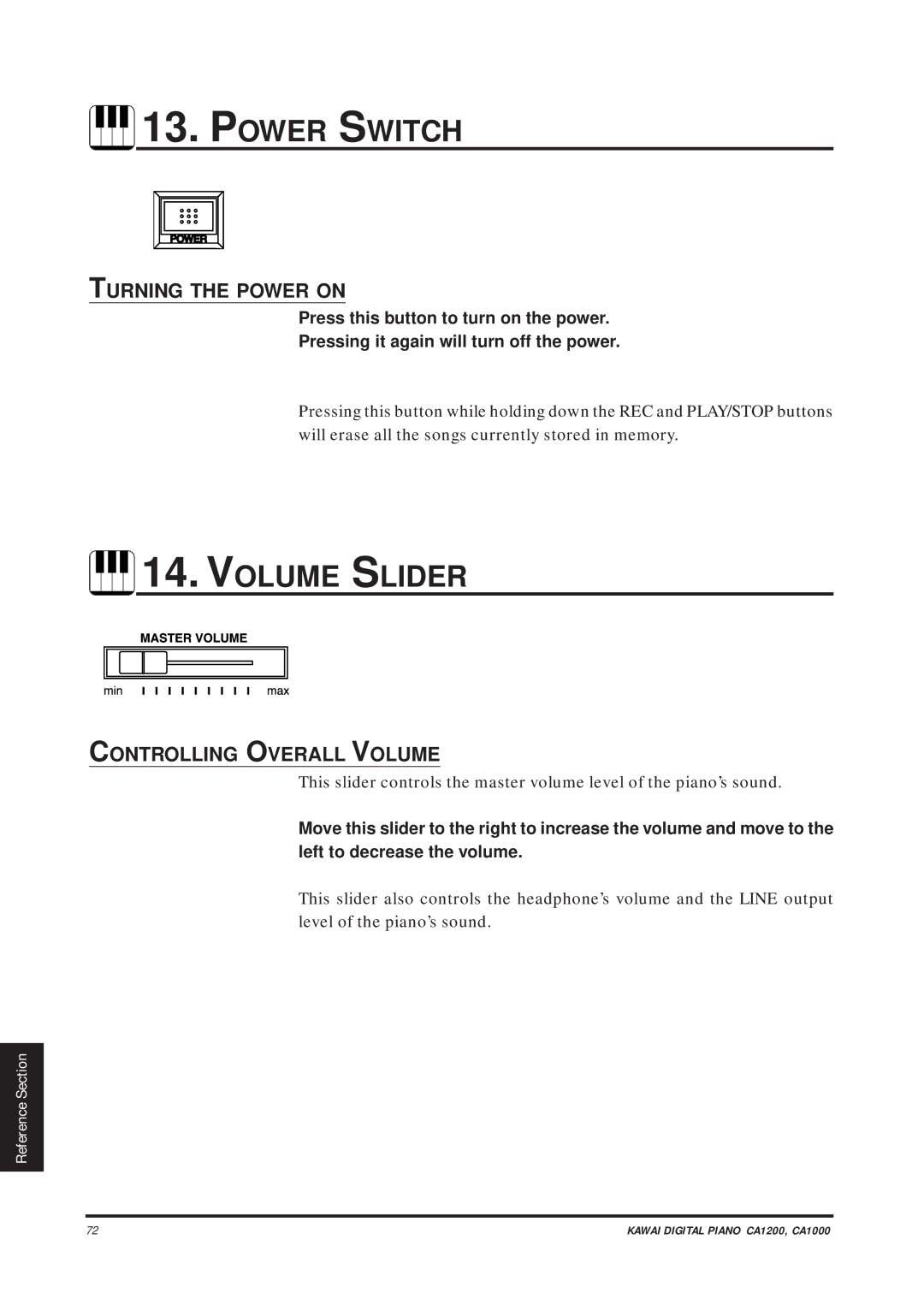 Kawai CA1000, CA1200 manual Power Switch, Volume Slider, Turning the Power on, Controlling Overall Volume 
