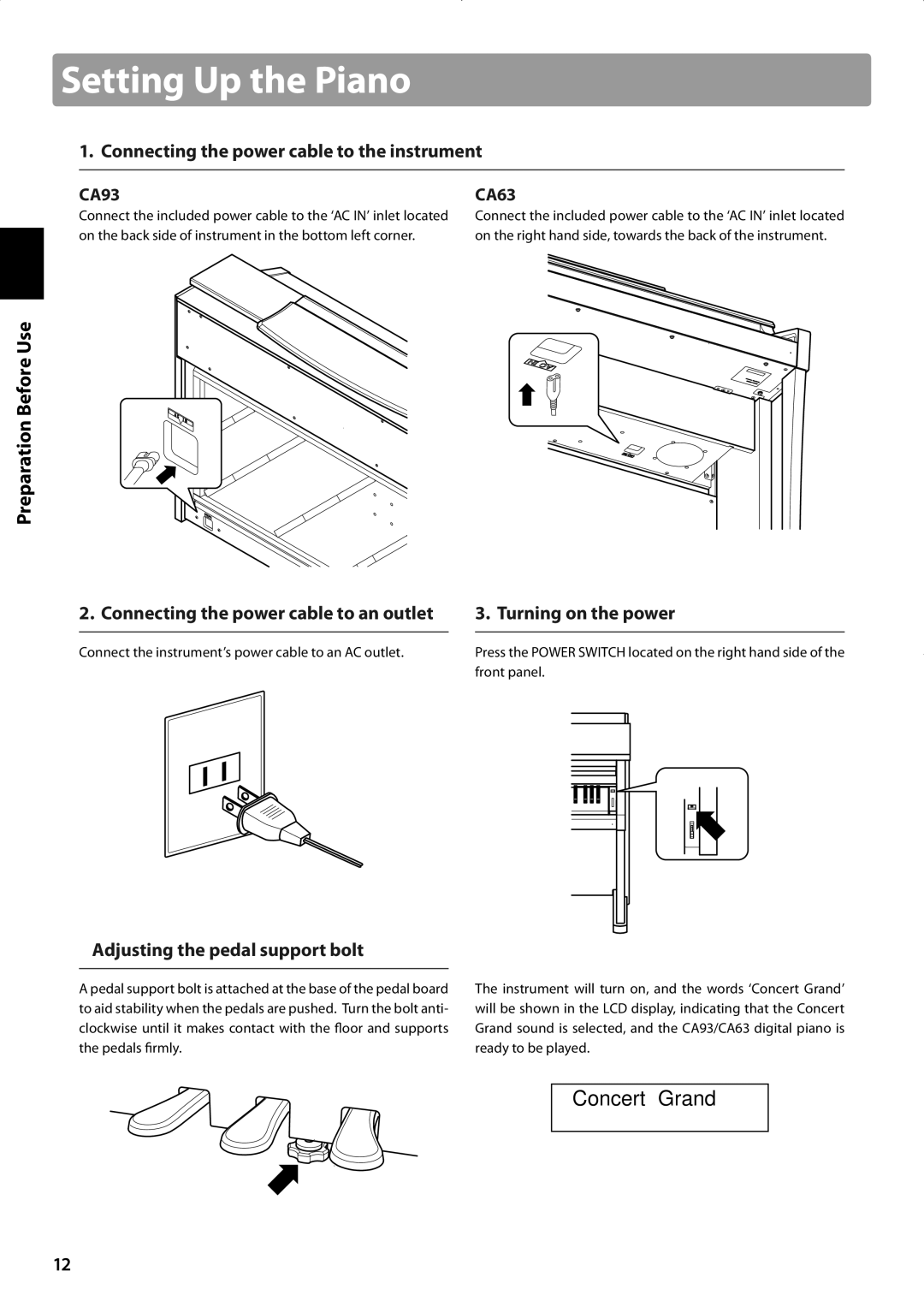 Kawai CA63, CA93 manual Setting Up the Piano, Concert Grand 