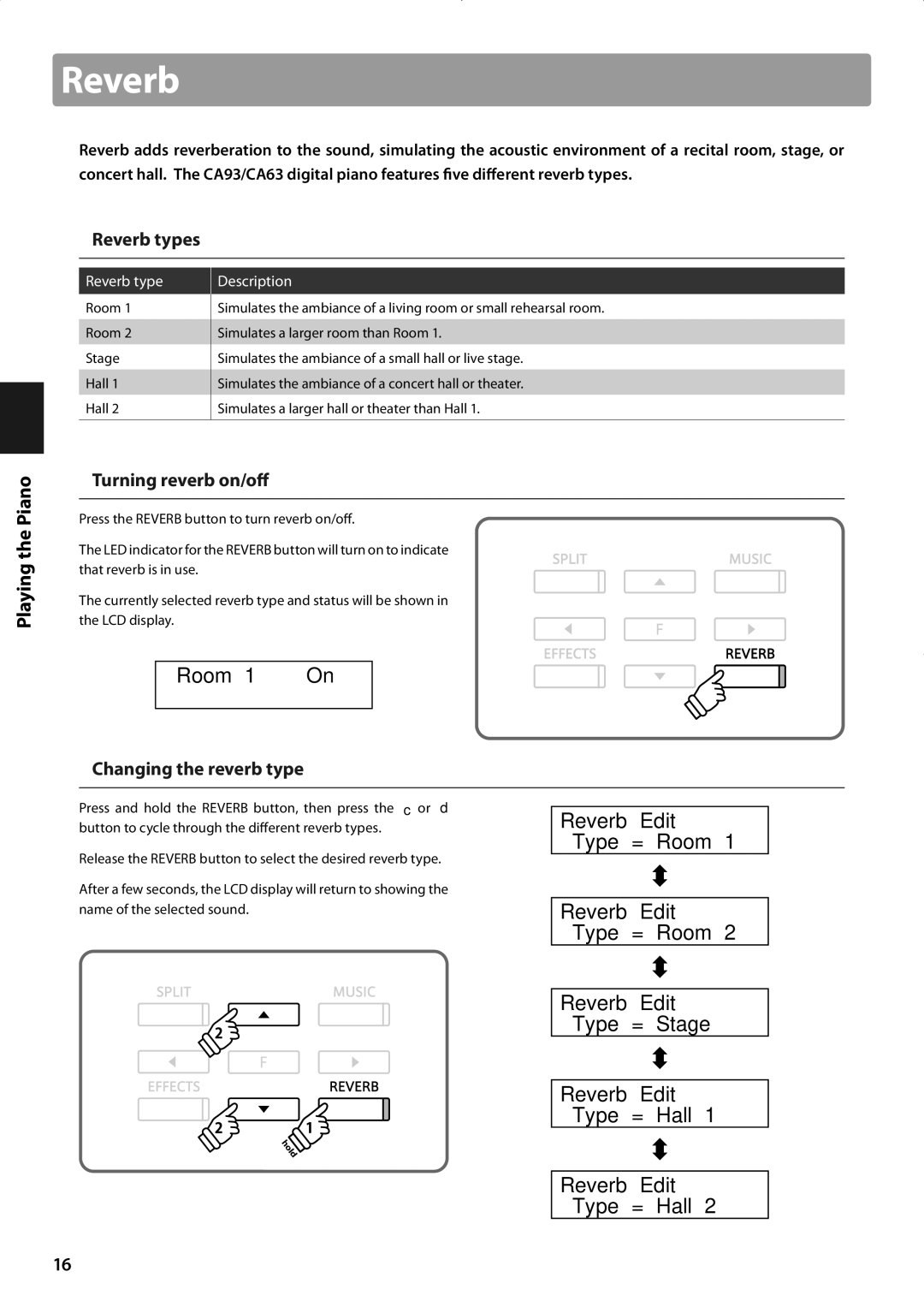 Kawai CA63, CA93 manual Room, „ Reverb types, „ Turning reverb on/of f, „ Changing the reverb type 