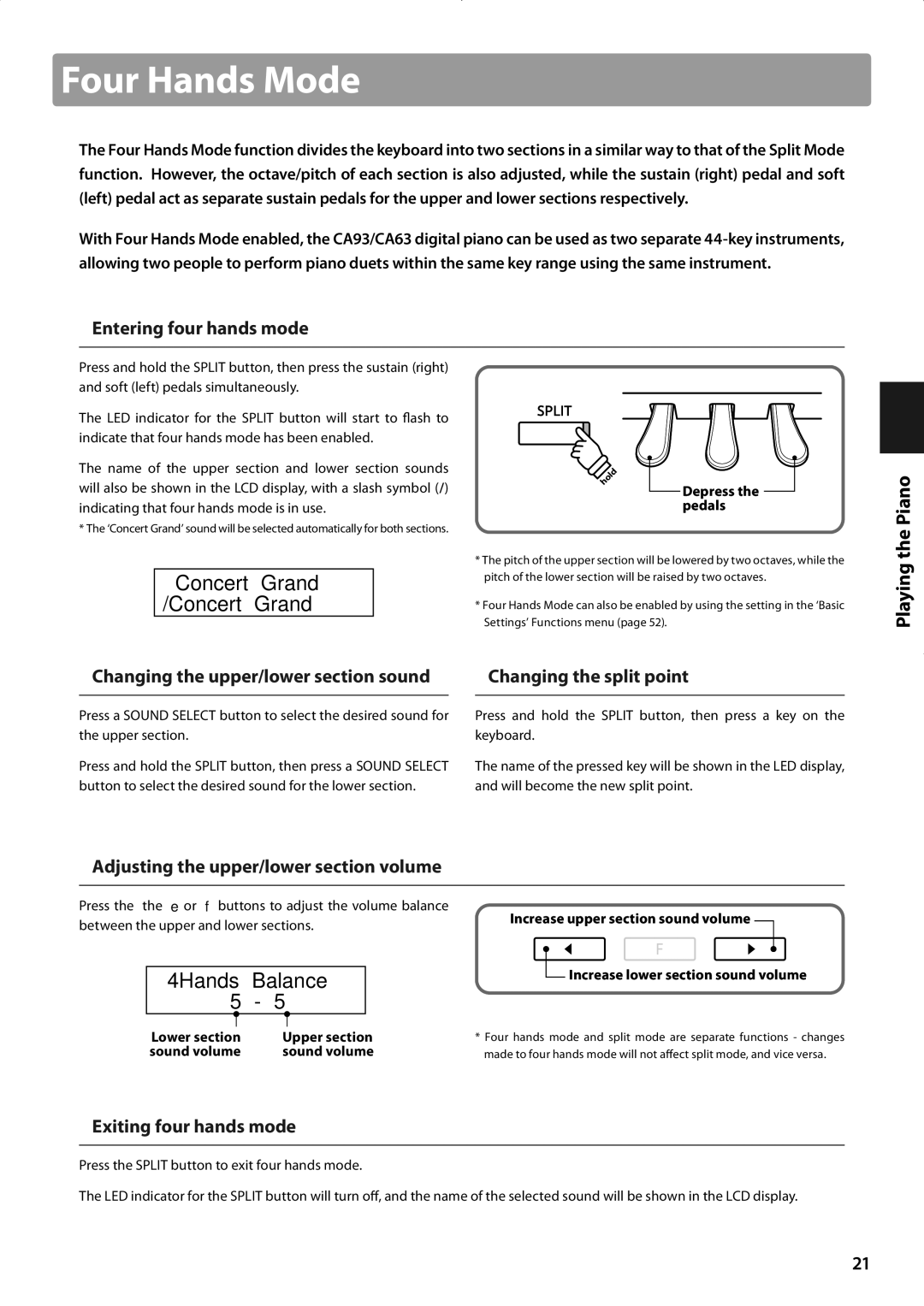 Kawai CA93 Four Hands Mode, 4Hands Balance 5, „ Entering four hands mode, „ Exiting four hands mode, Depress the pedals 