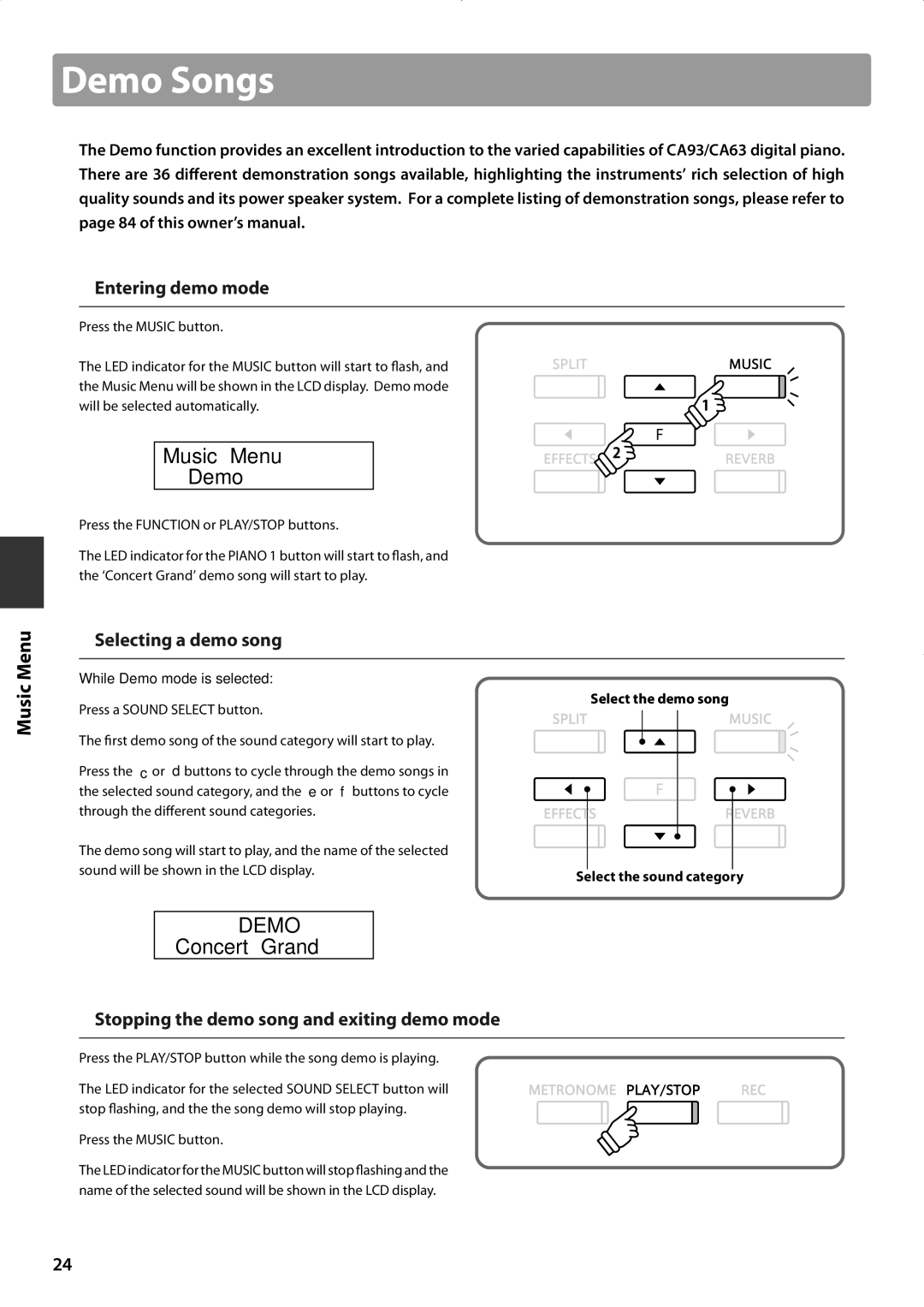 Kawai CA63, CA93 manual Demo Songs, Music Menu Demo, „ Entering demo mode, „ Selecting a demo song 
