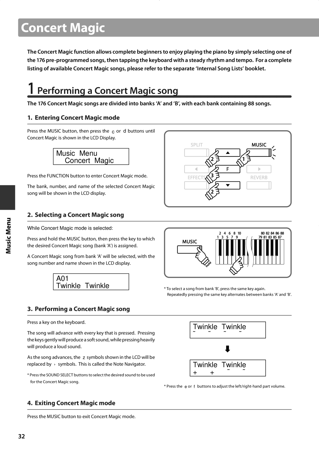 Kawai CA63 Performing a Concert Magic song, Music Menu Concert Magic, A01 Twinkle Twinkle, Twinkle Twinkle + + Ä Ä 