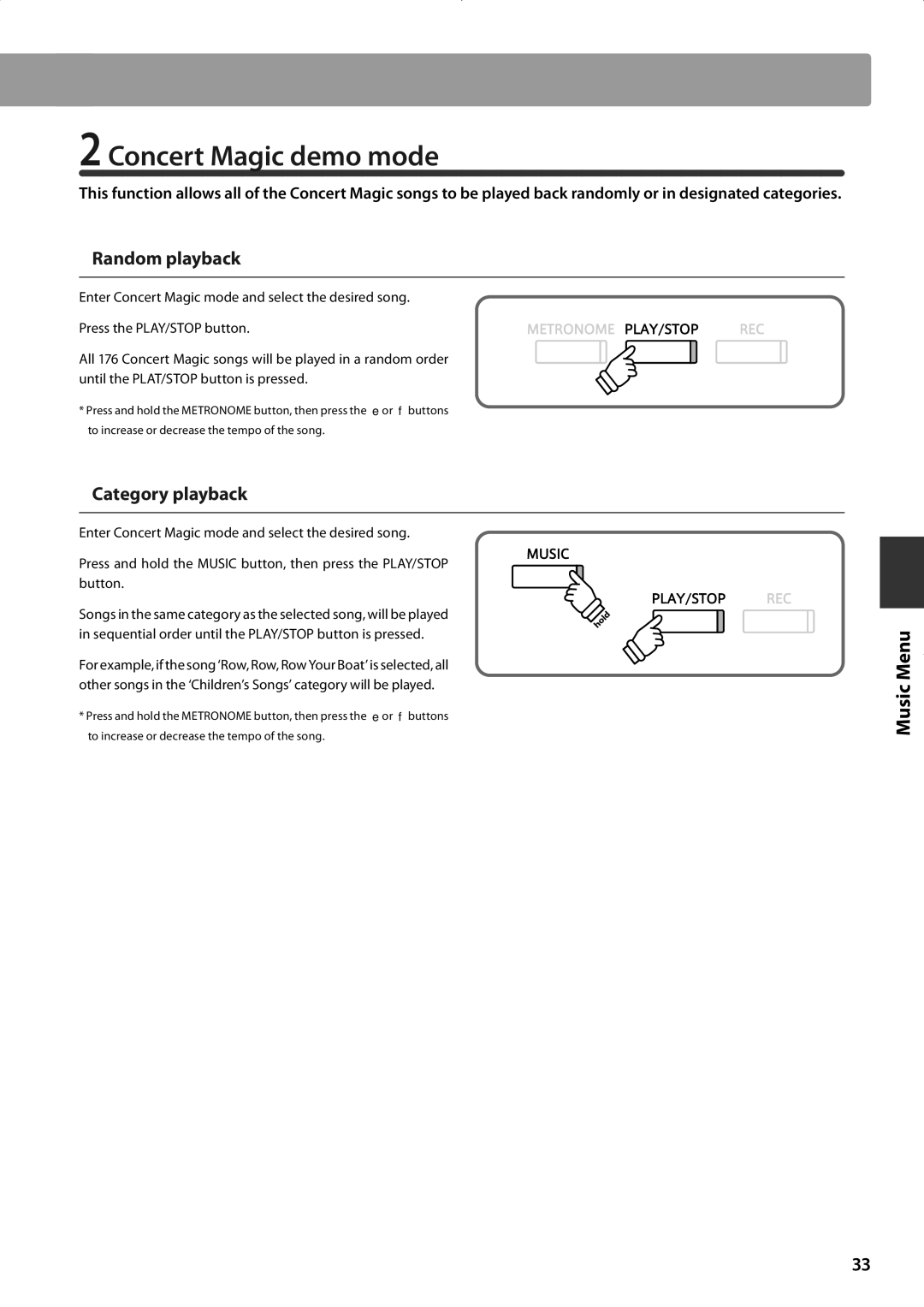 Kawai CA93, CA63 manual Concert Magic demo mode, „ Random playback, „ Category playback 