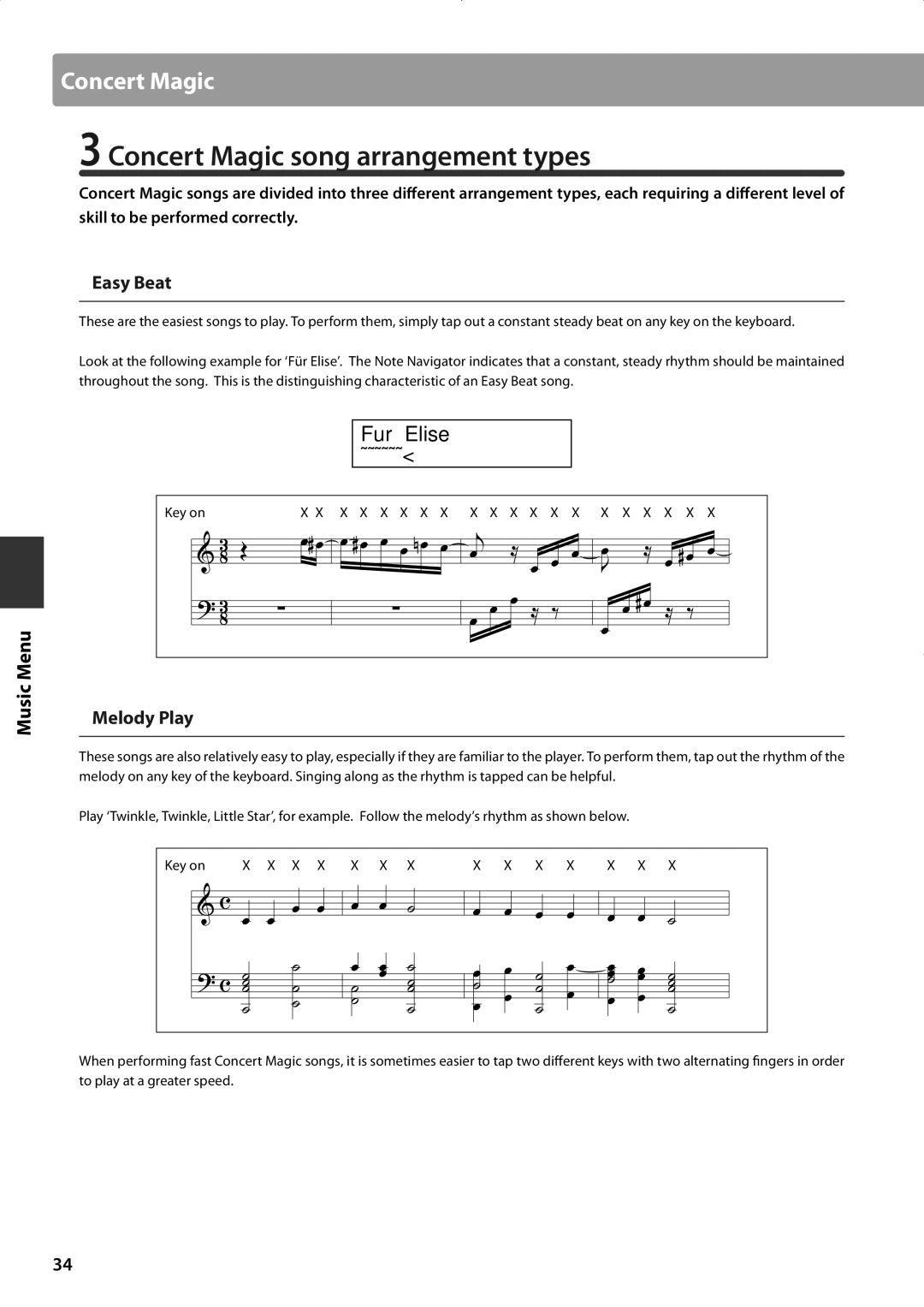 Kawai CA63, CA93 manual Concert Magic song arrangement types, Fur Elise, „ Easy Beat, „ Melody Play, Key on 