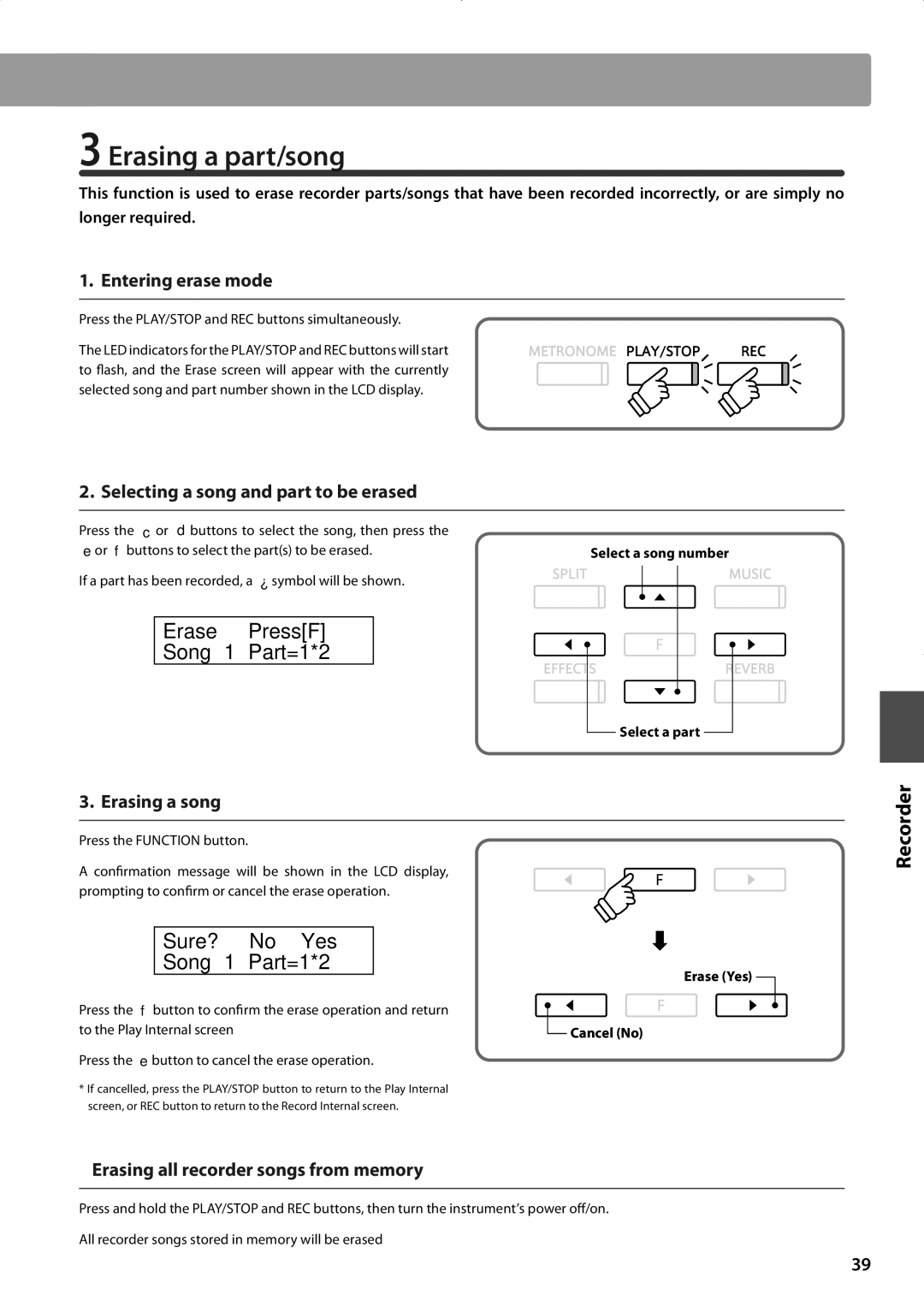 Kawai CA93, CA63 manual Erasing a part/song, Erase ≥PressF Song 1 Part=1*2, Sure? ≤No Yes≥ Song 1 Part=1*2 