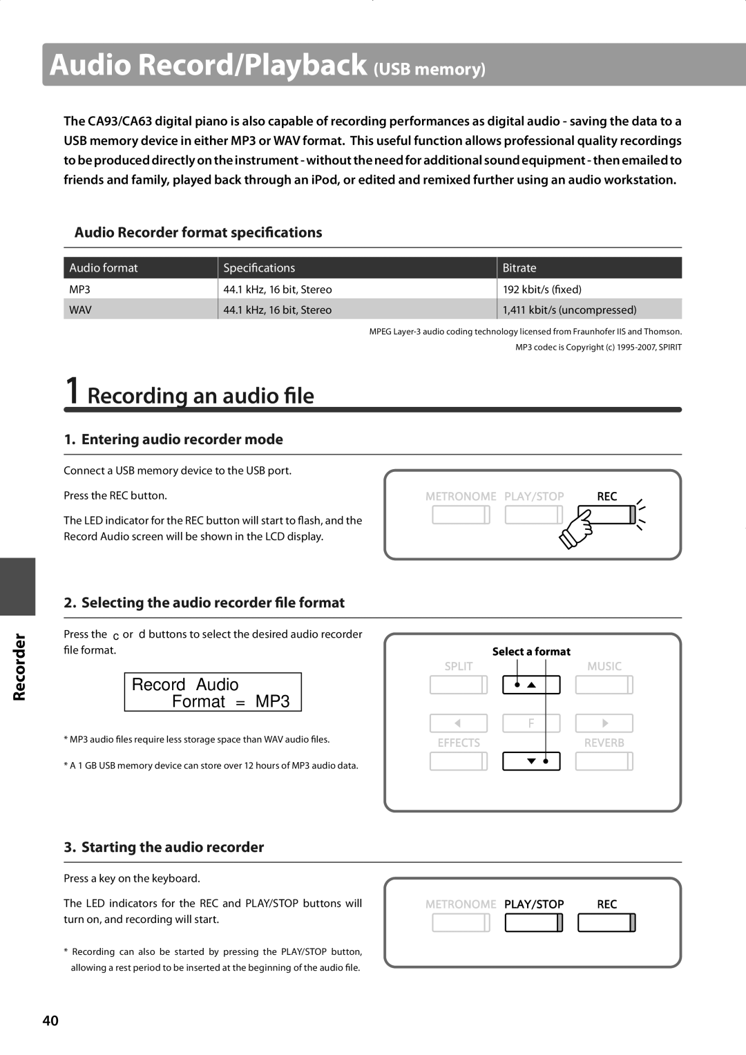 Kawai CA63, CA93 manual Audio Record/Playback USB memory, Recording an audio file, Record Audio Format = MP3 