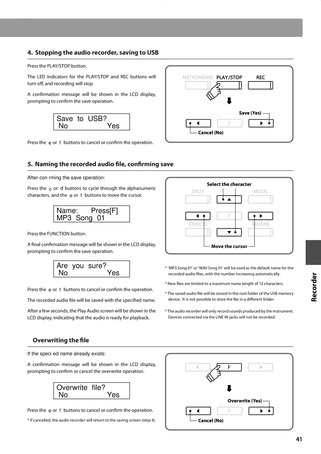 Kawai CA93, CA63 manual Save to USB? ≤No Yes≥, Name PressF MP3 Song, Are you sure? ≤No Yes≥, Overwrite file? ≤No Yes≥ 