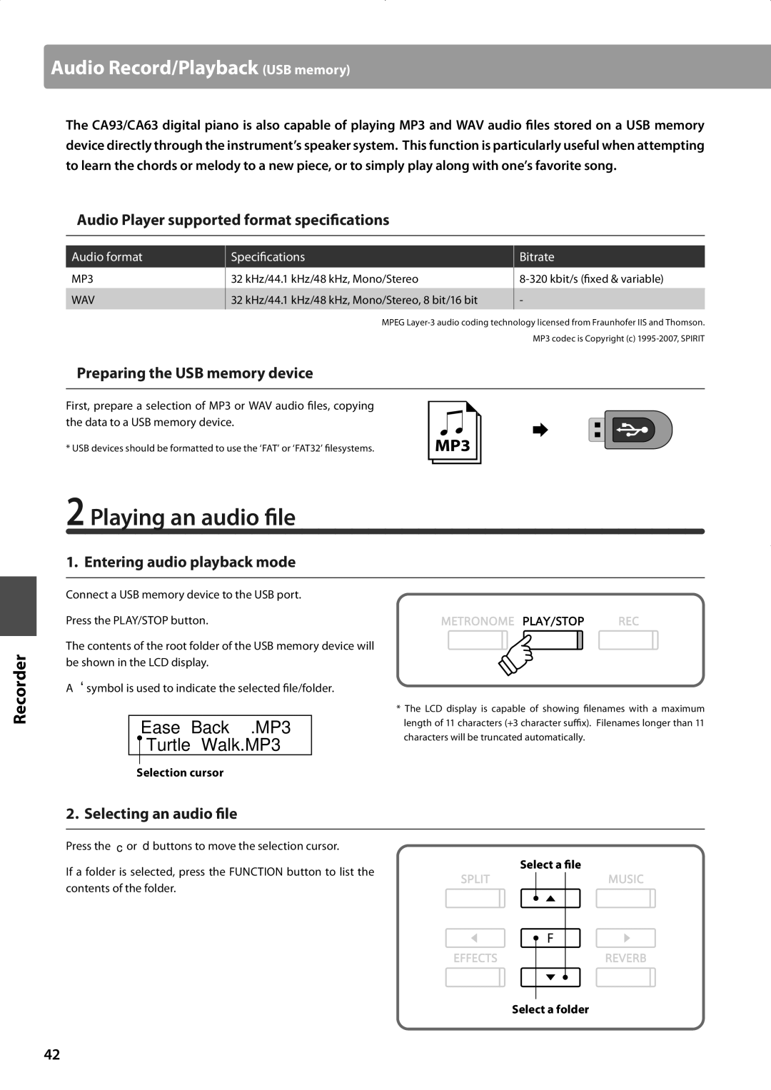 Kawai CA63, CA93 manual Playing an audio file, ‚Ease Back .MP3 Turtle Walk.MP3 