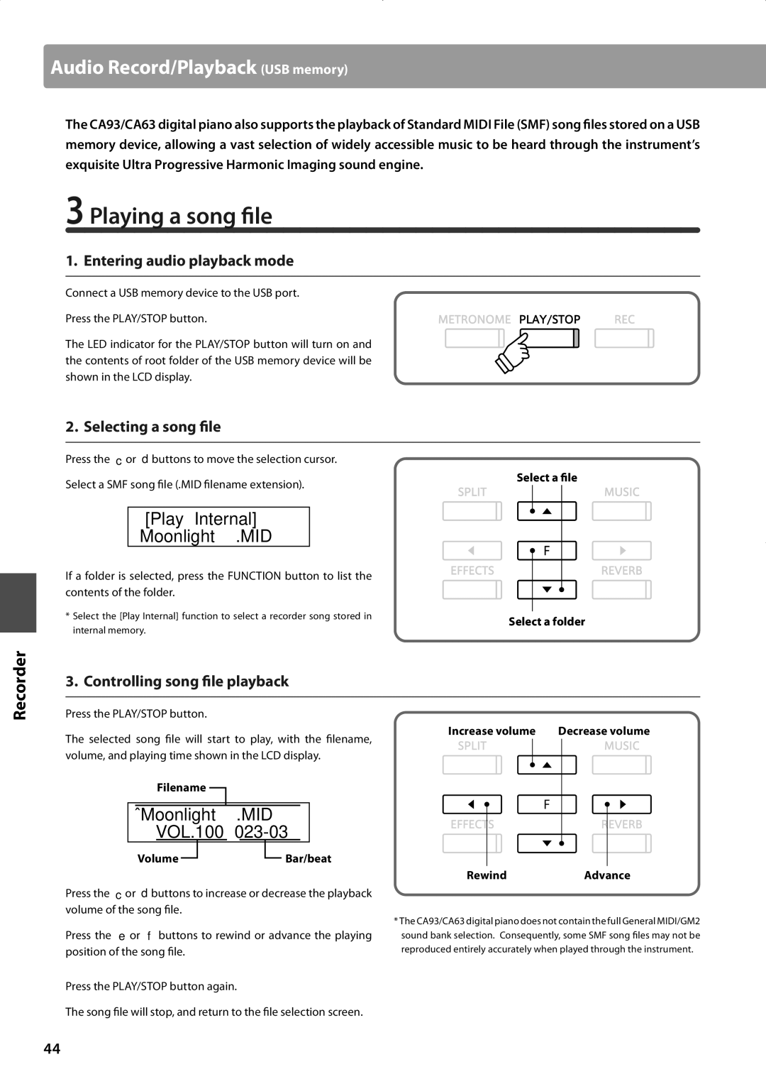 Kawai CA63, CA93 manual Playing a song file, Play Internal ‚Moonlight .MID, ÃMoonlight .MID VOL.100, Selecting a song file 