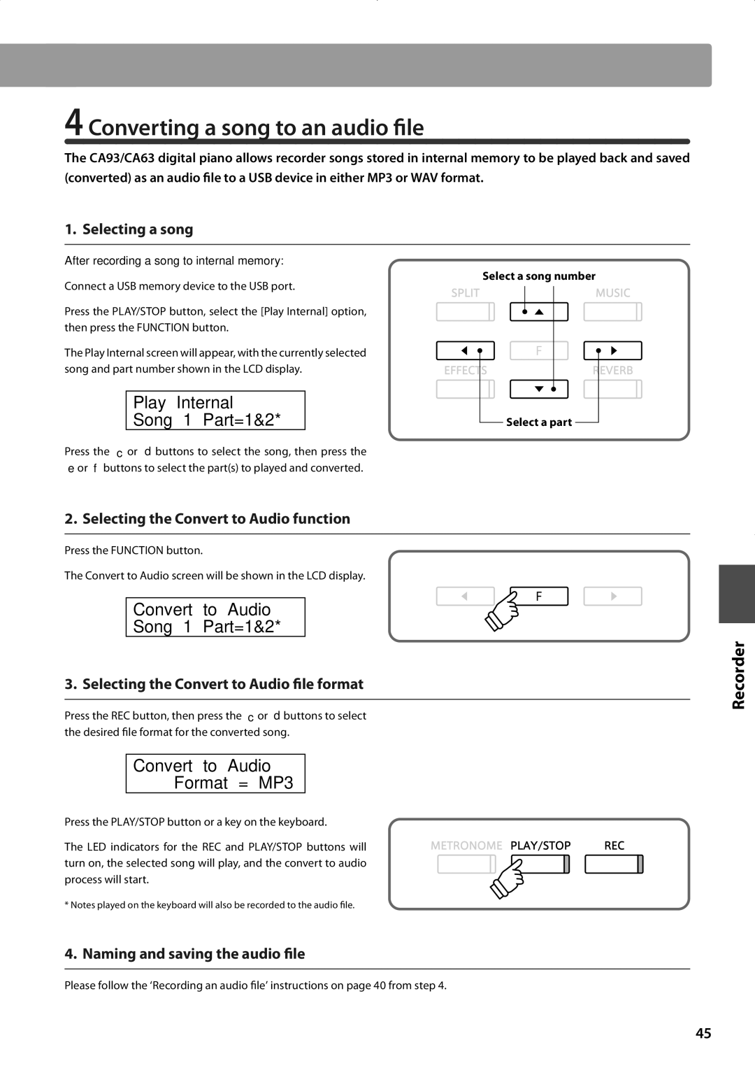 Kawai CA93, CA63 manual Converting a song to an audio file, Play Internal Song Part=1&2, Convert to Audio Song 1 Part=1&2 